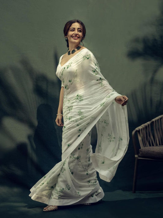 Neha Pendse White Floral Digital Print Saree