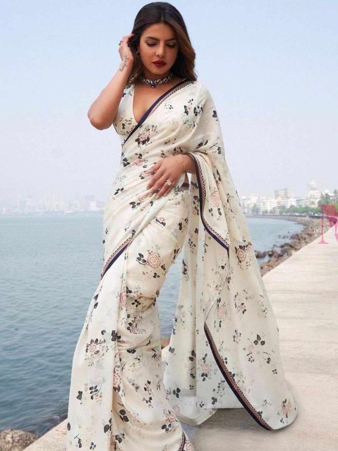 priyanka white flower saree