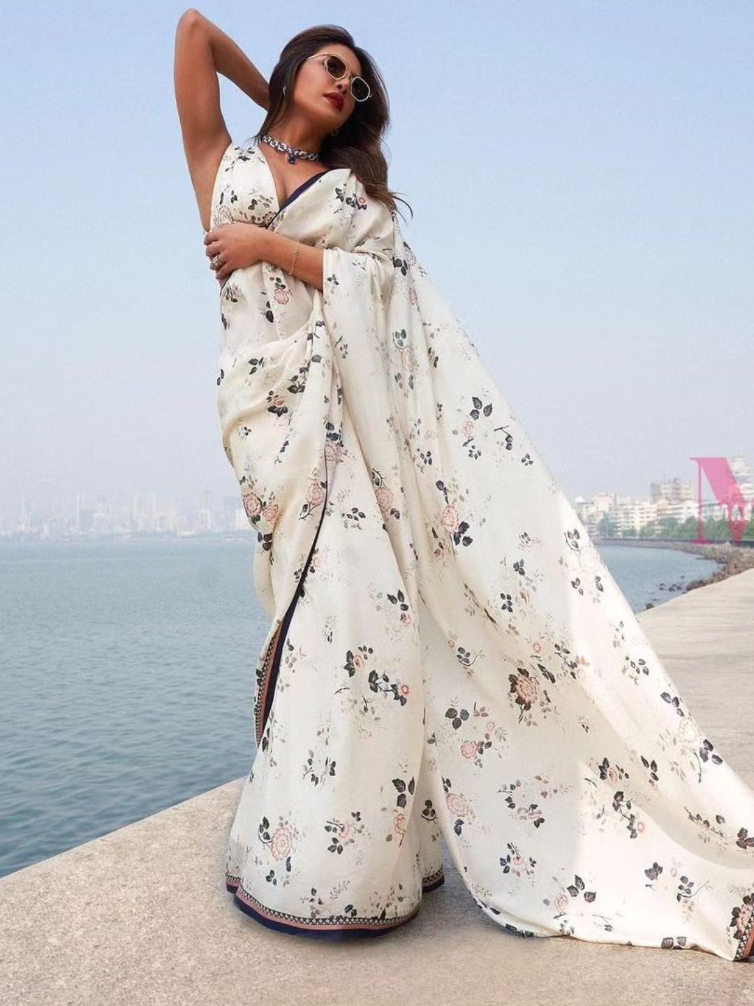 priyanka white flower saree