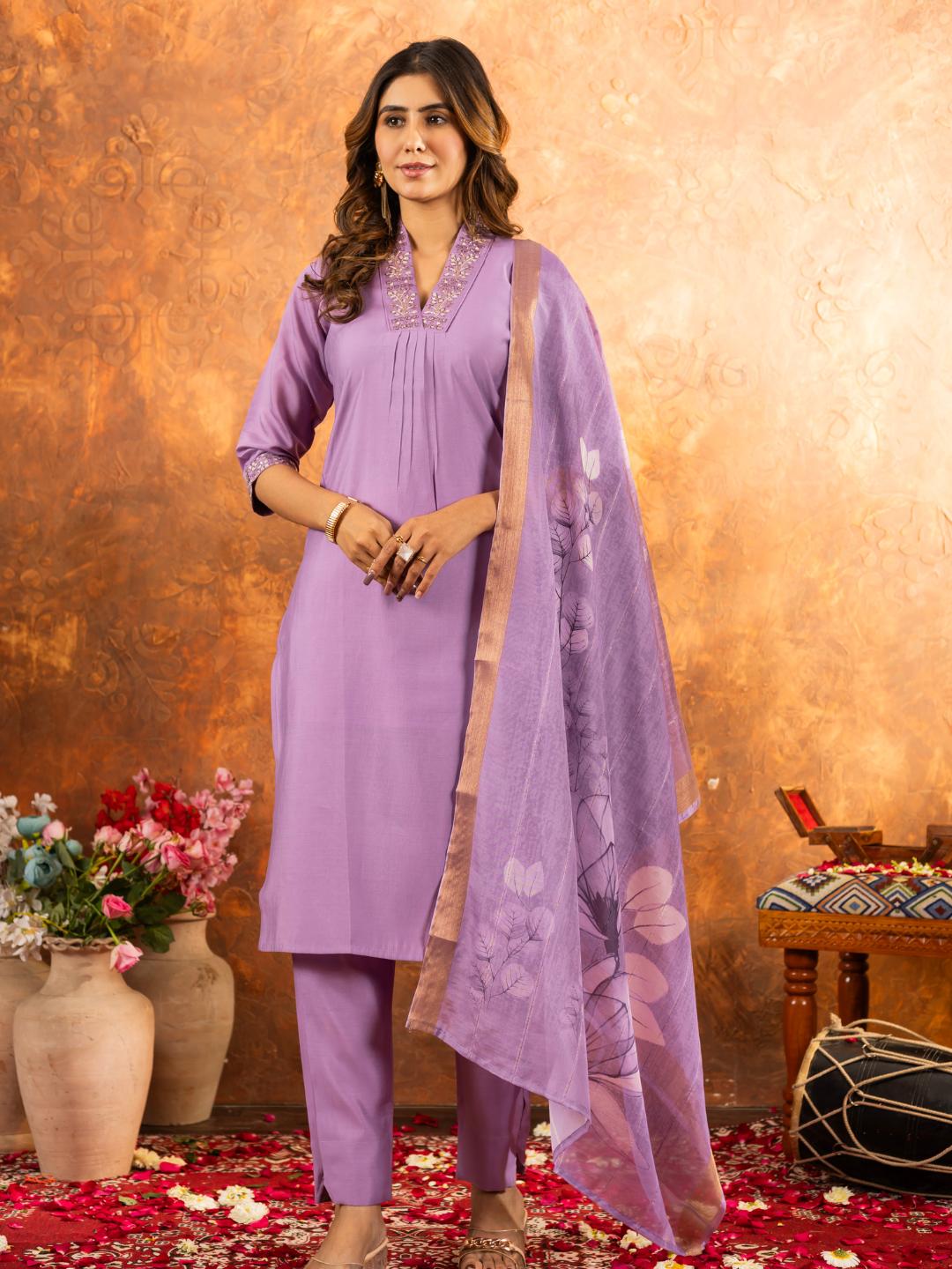 full view of spiffy kurti set for women featuring matching pant and printed dupatta