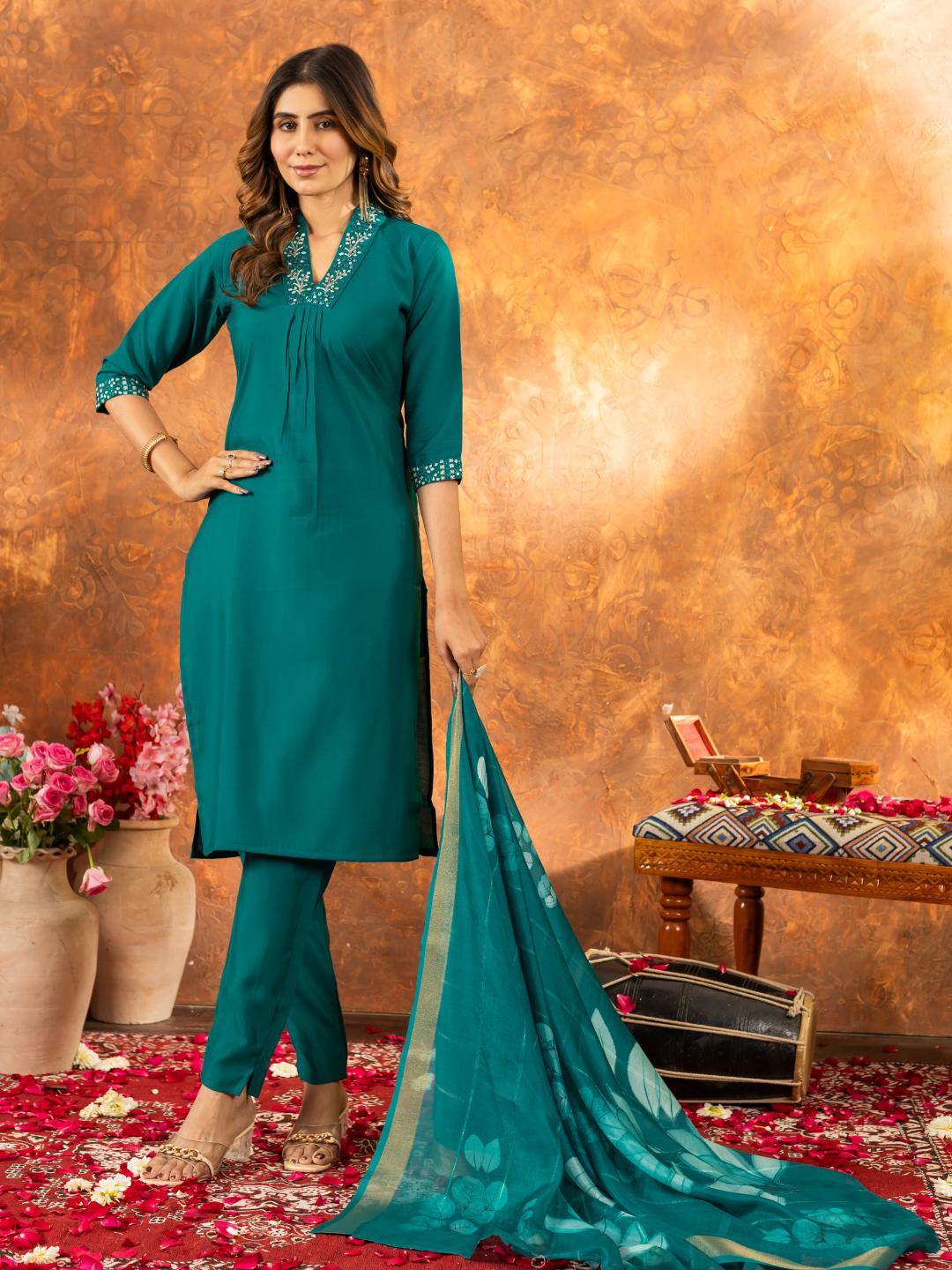 comfort-fit pant and detailed dupatta paired with straight-cut spiffy kurti for women