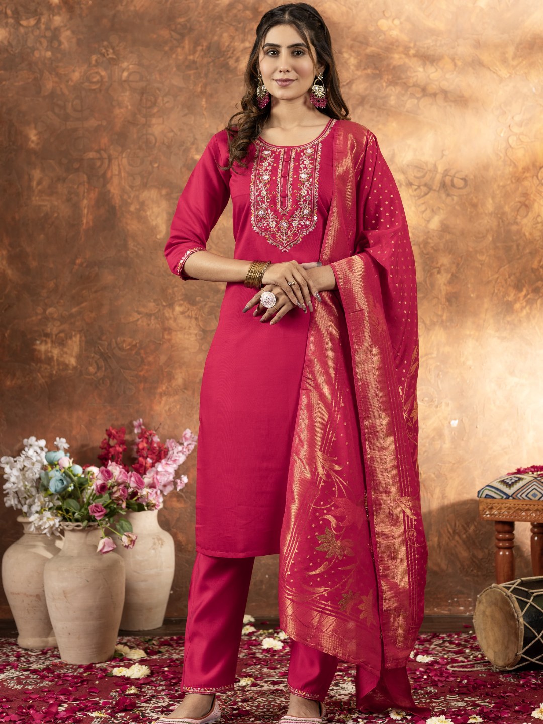 snappy straight kurti set with matching pant and dupatta for women – flip the style ethnic wear