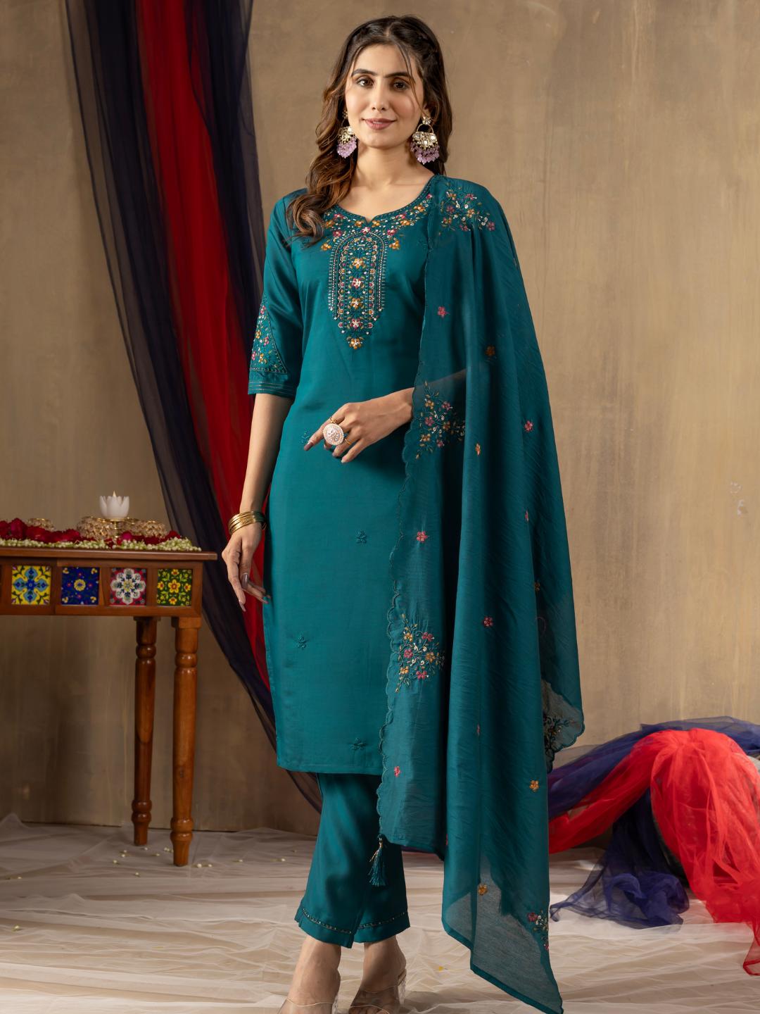 roman silk embroidered straight kurti pant dupatta set for women in classy ethnic design – flip the style