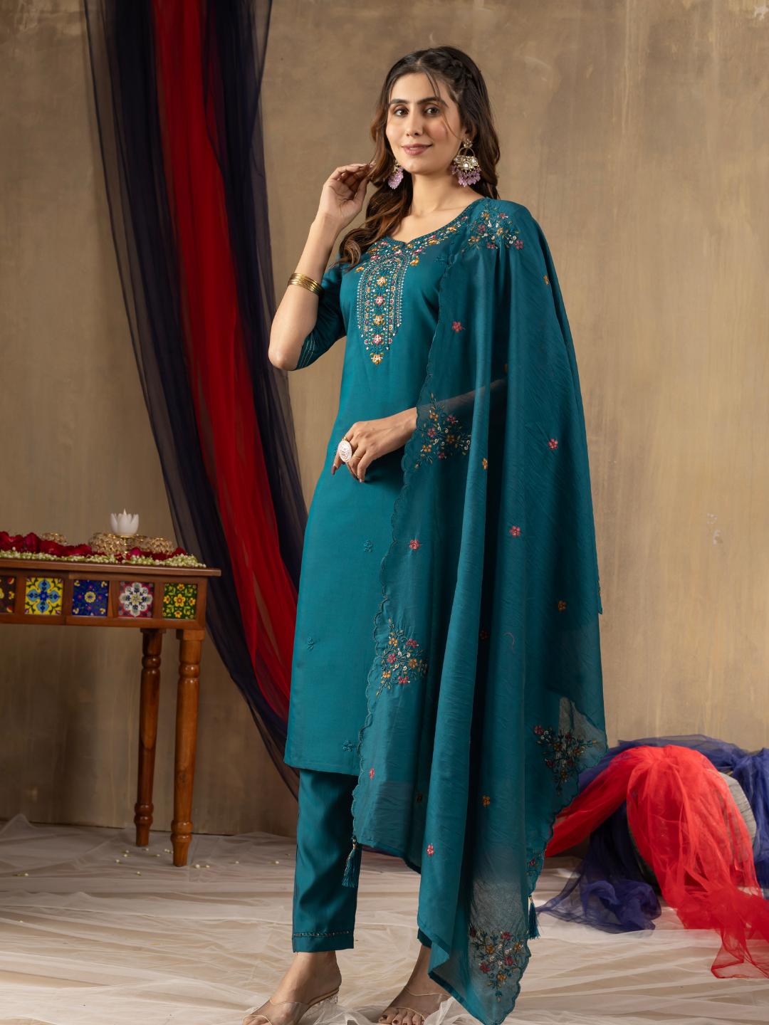 full view of stylish roman silk straight kurti, pant, and dupatta set for traditional wear – flip the style