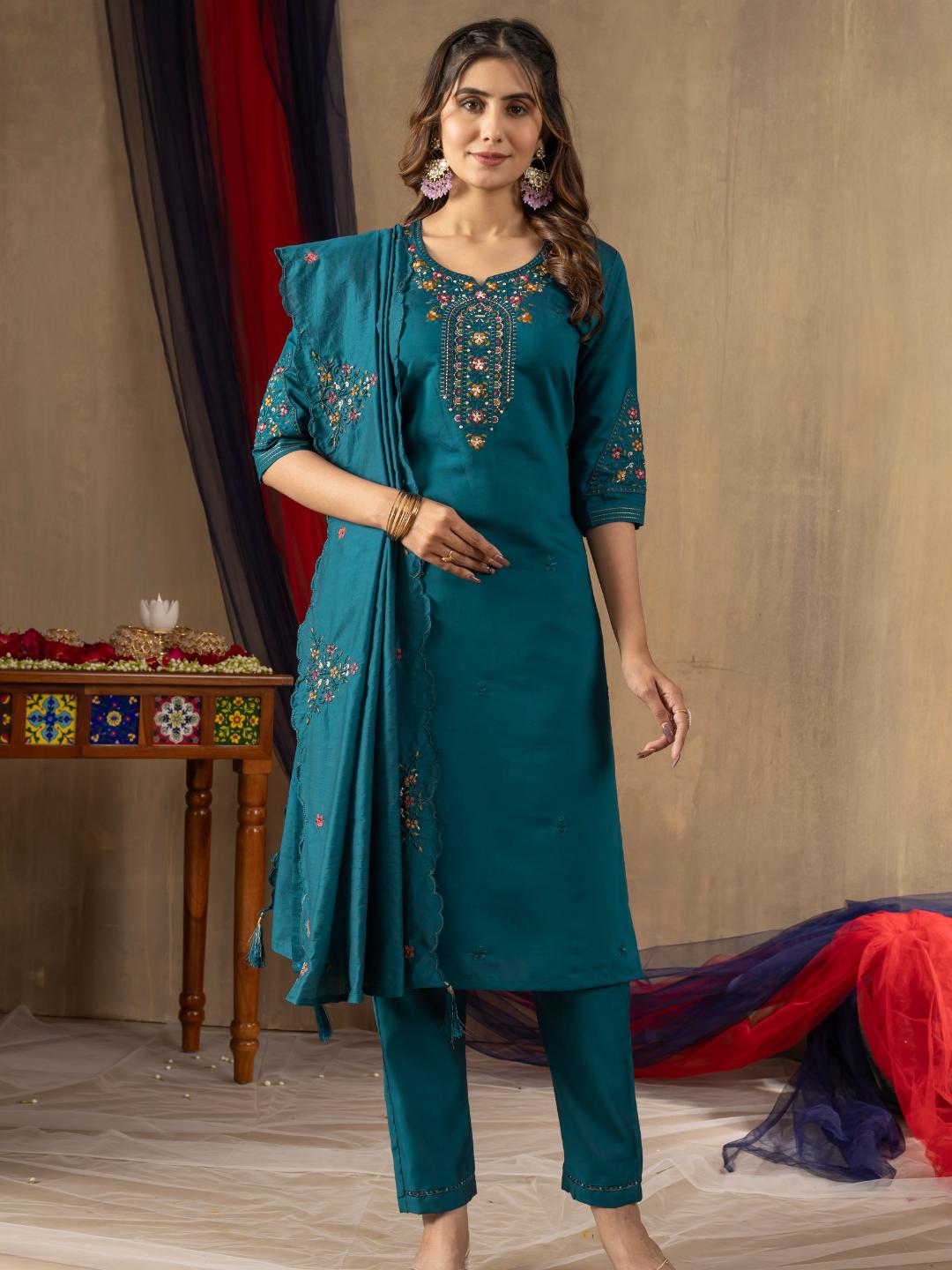 roman silk embroidered straight kurti pant dupatta set for women – flip the style