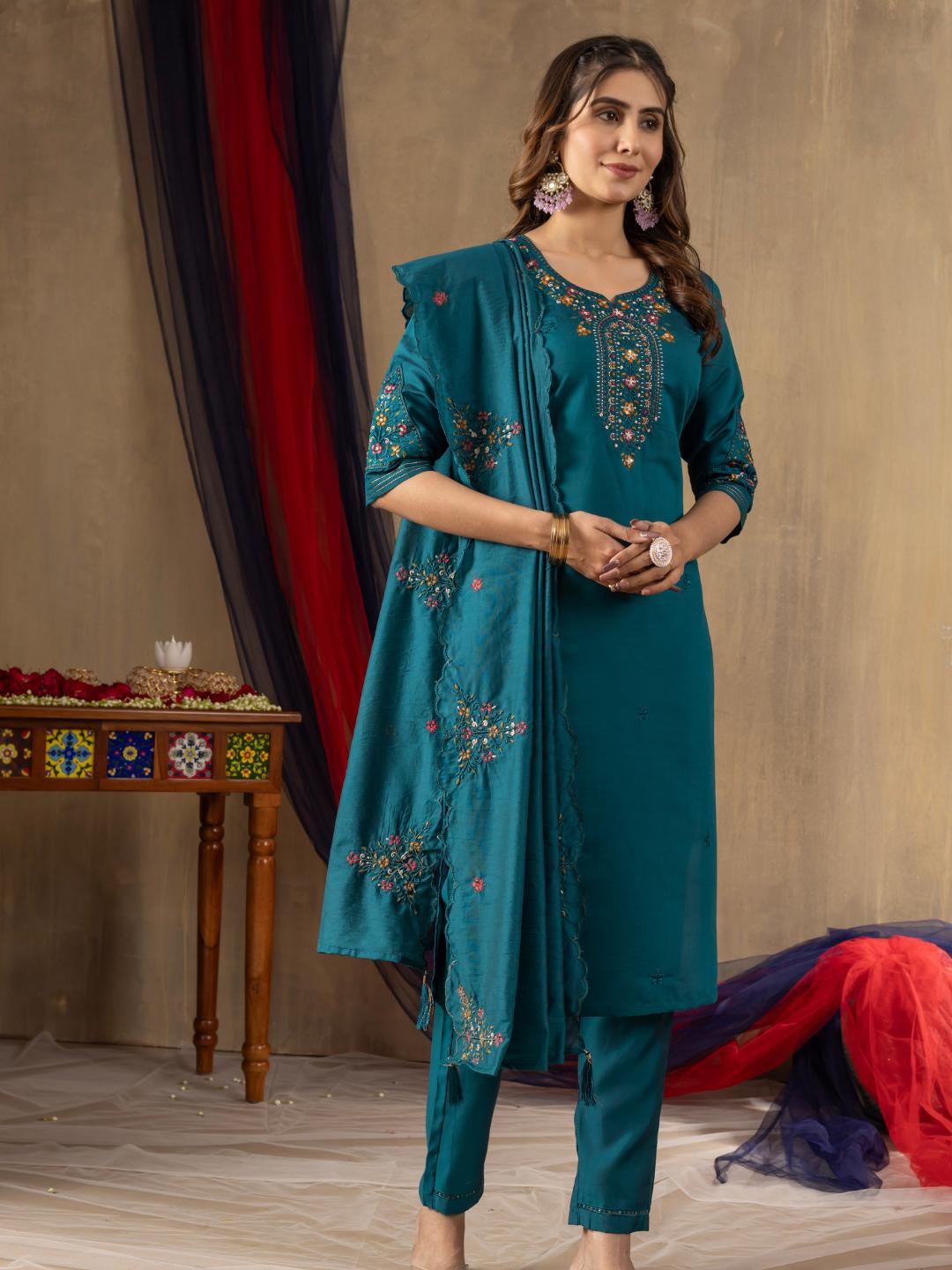 roman silk embroidered straight kurti pant dupatta set for women – flip the style