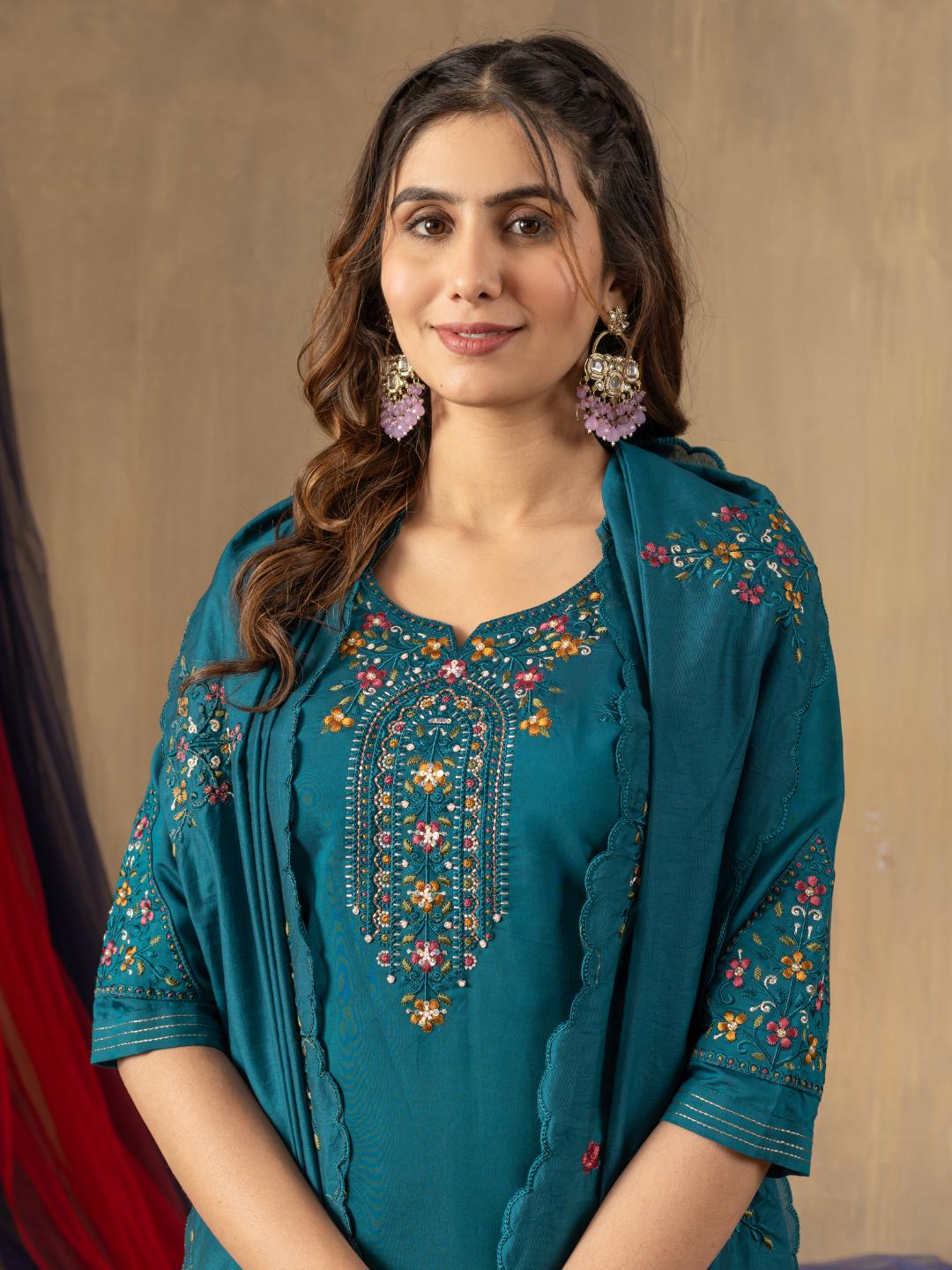 roman silk embroidered straight kurti pant dupatta set for women – flip the style