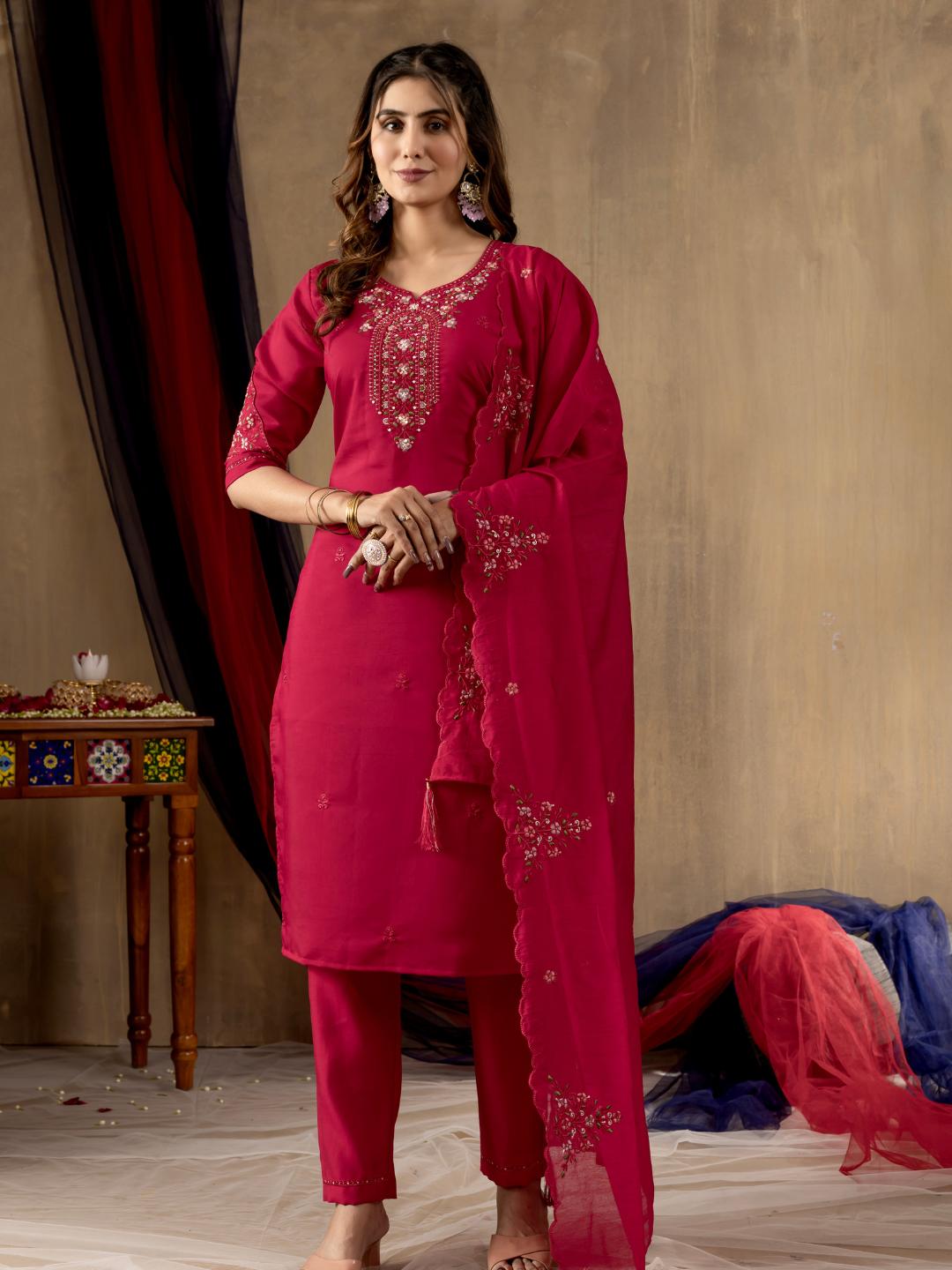 elegant roman silk kurti set with detailed embroidery and matching dupatta – women’s ethnic wear