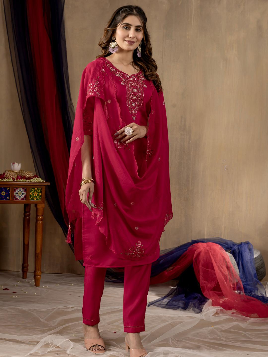roman silk embroidered straight kurti pant dupatta set for women – flip the style