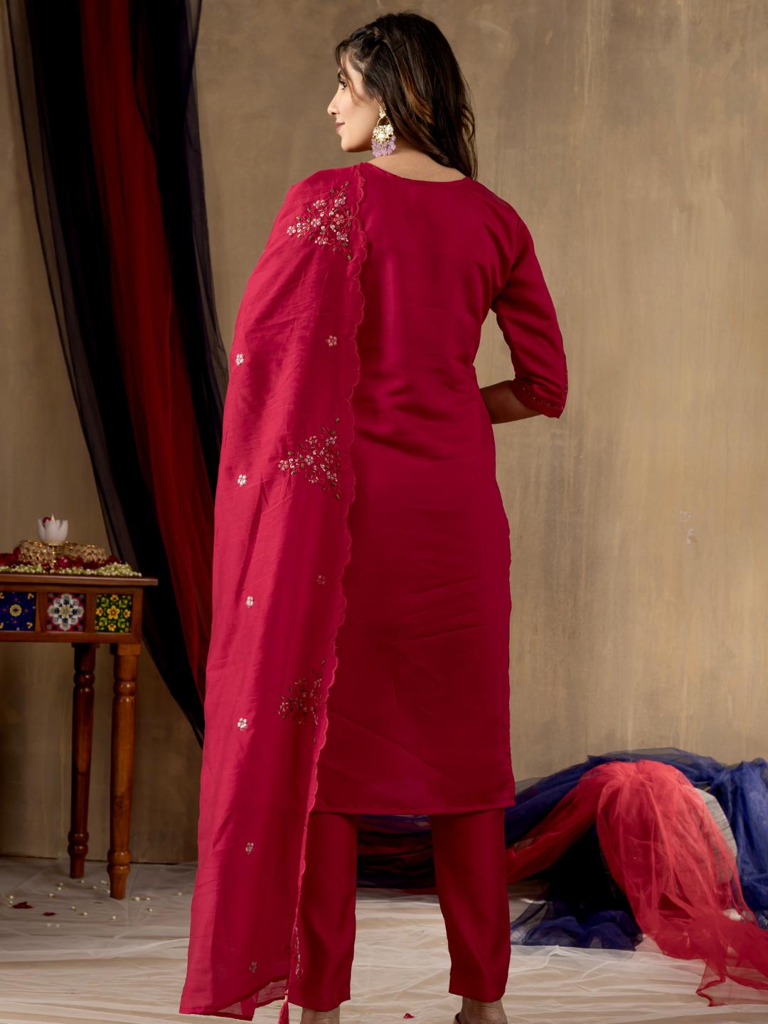 roman silk embroidered straight kurti pant dupatta set for women – flip the style