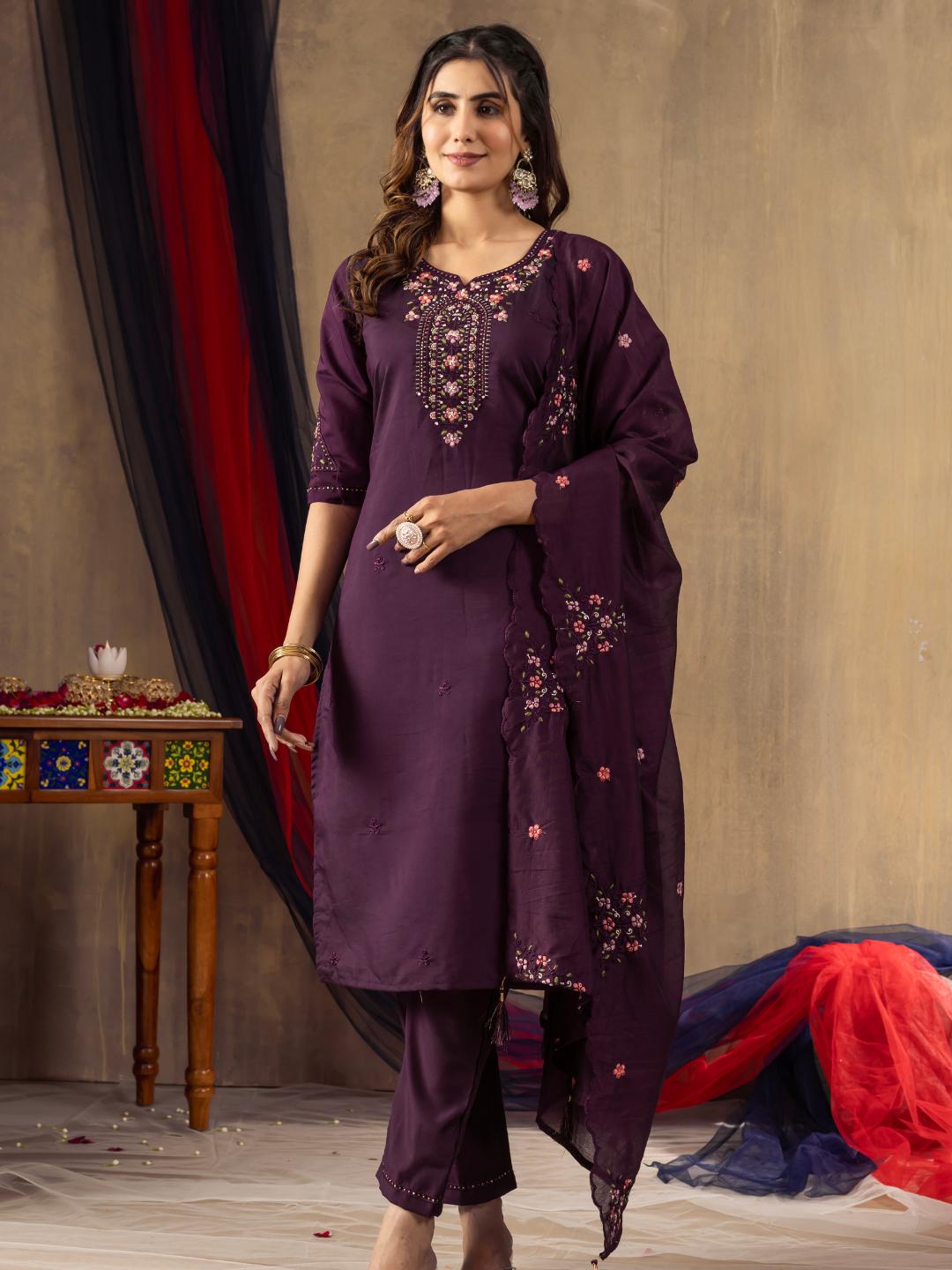 full view of stylish roman silk straight kurti, pant, and dupatta set for traditional wear – flip the style