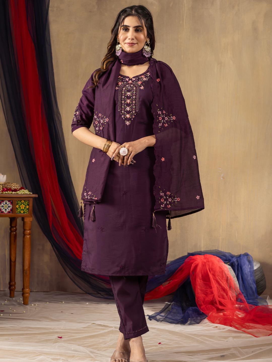 roman silk embroidered straight kurti pant dupatta set for women – flip the style