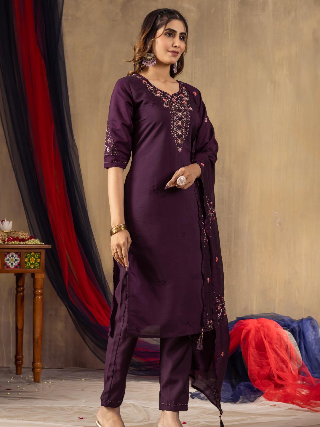 roman silk embroidered straight kurti pant dupatta set for women – flip the style