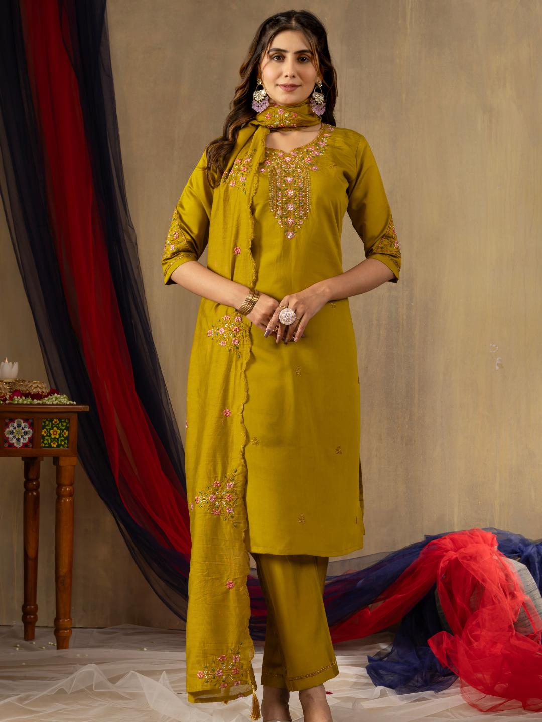 roman silk embroidered straight kurti pant dupatta set for women – flip the style