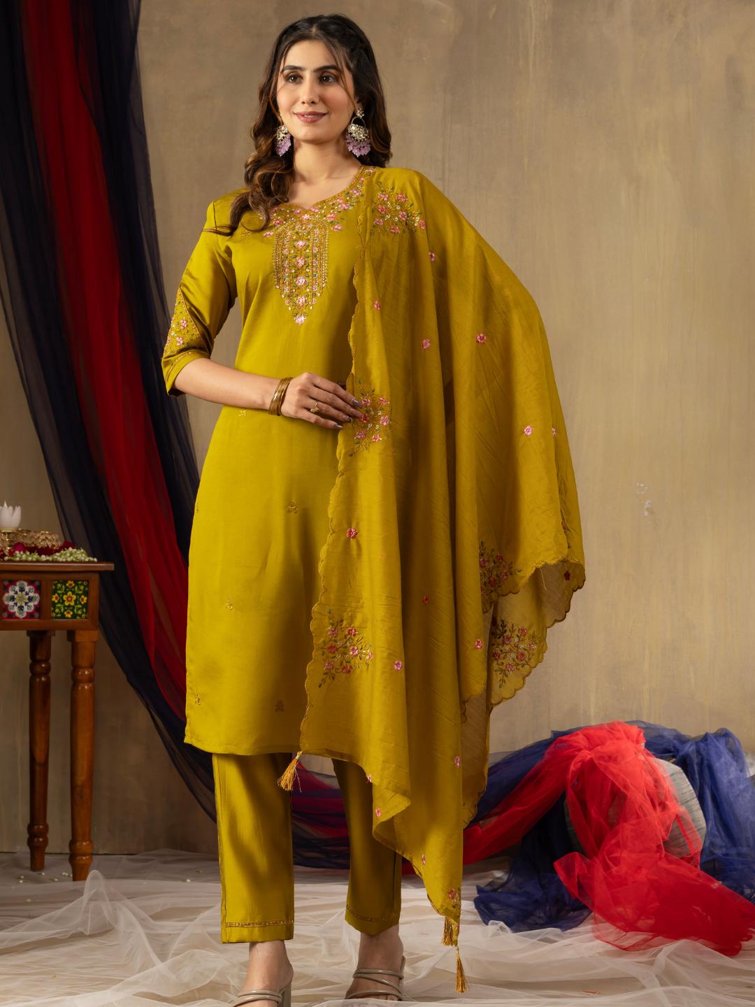 roman silk embroidered straight kurti pant dupatta set for women – flip the style