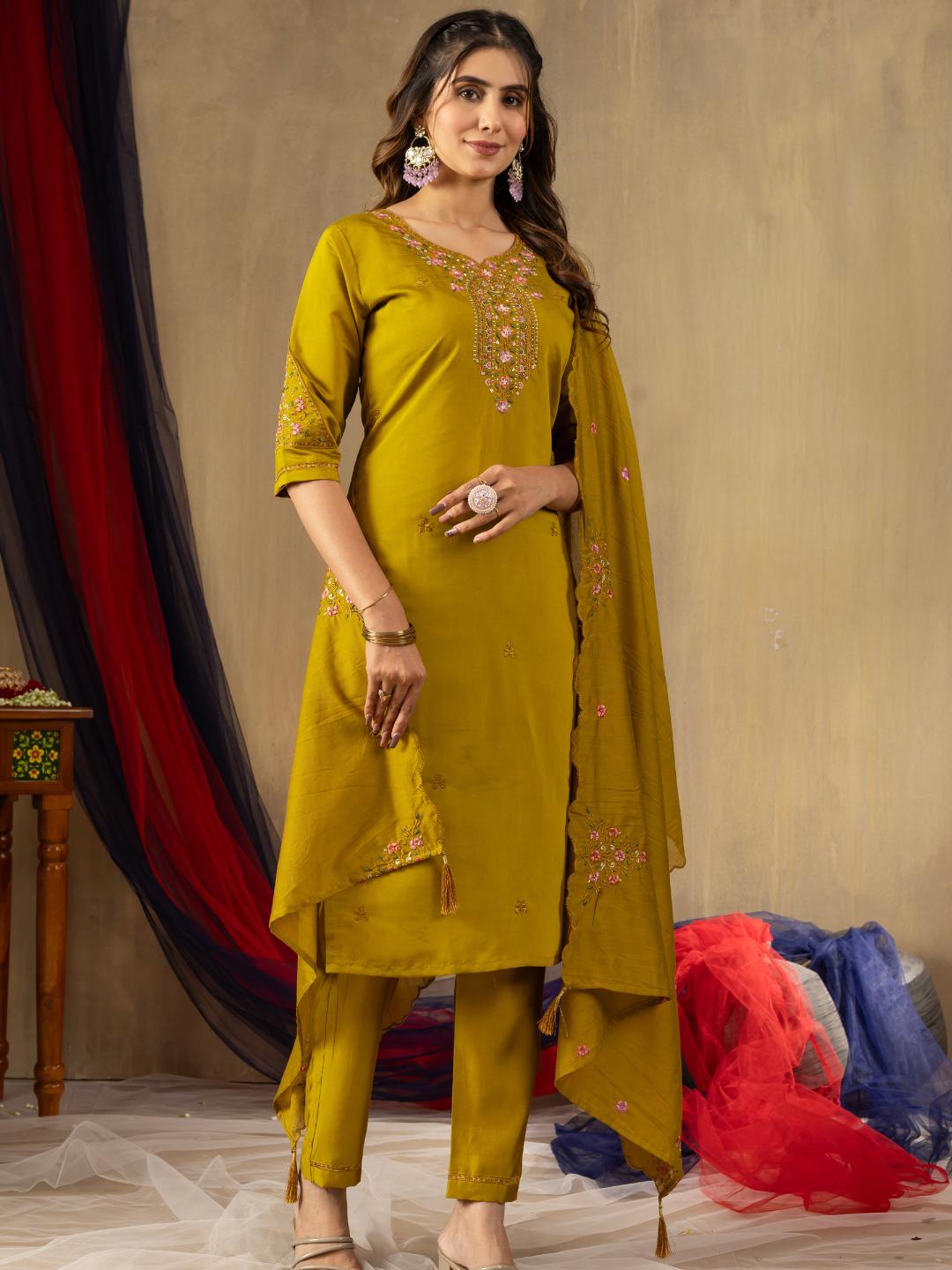 roman silk embroidered straight kurti pant dupatta set for women – flip the style