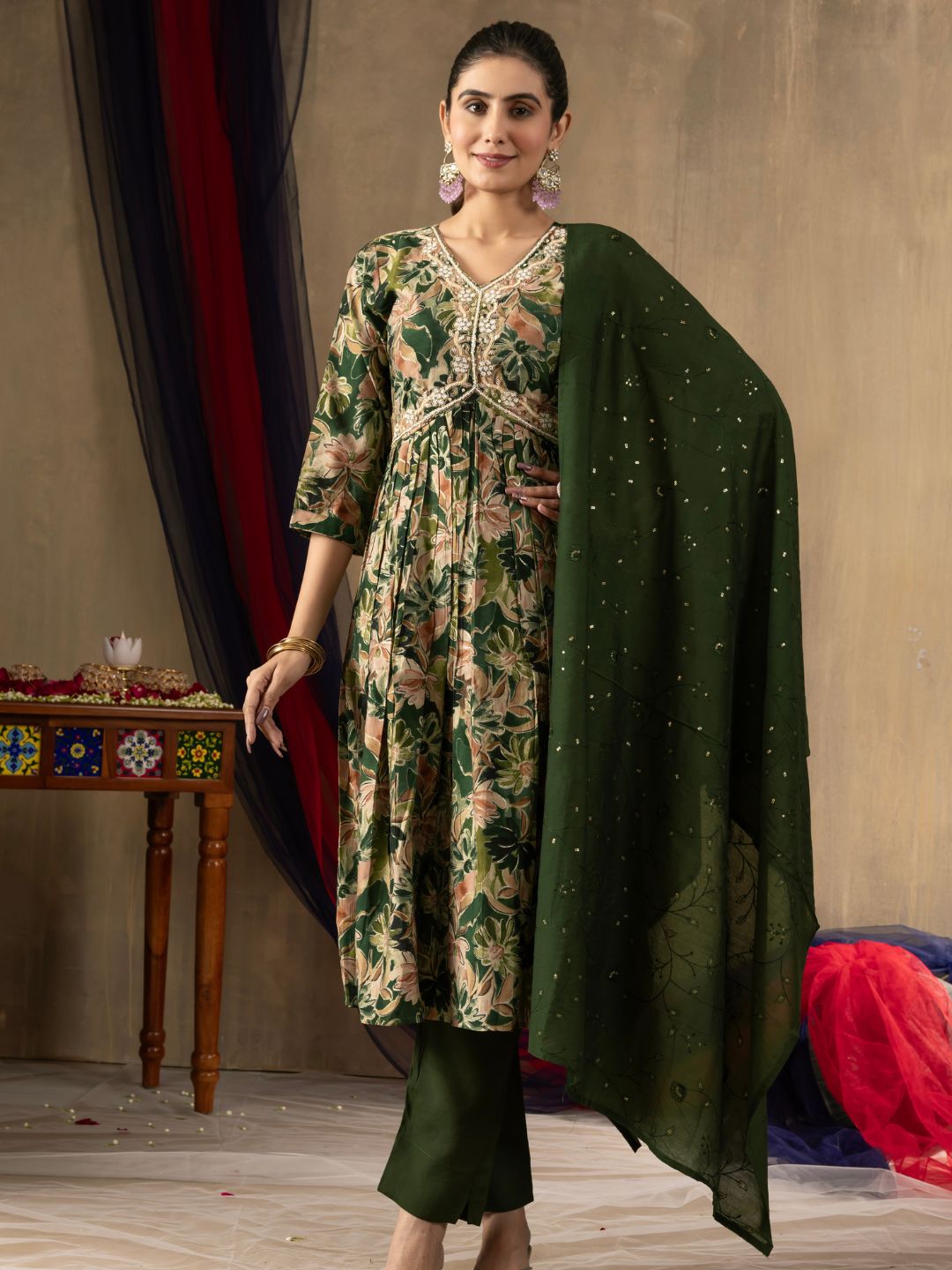 front view of disseminate embroidered straight kurti pant dupatta set for women in elegant design – flip the style