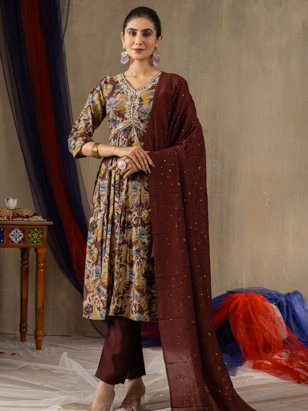 stylish ethnic wear set featuring embroidered kurti, pants, and dupatta for women – flip the style collection