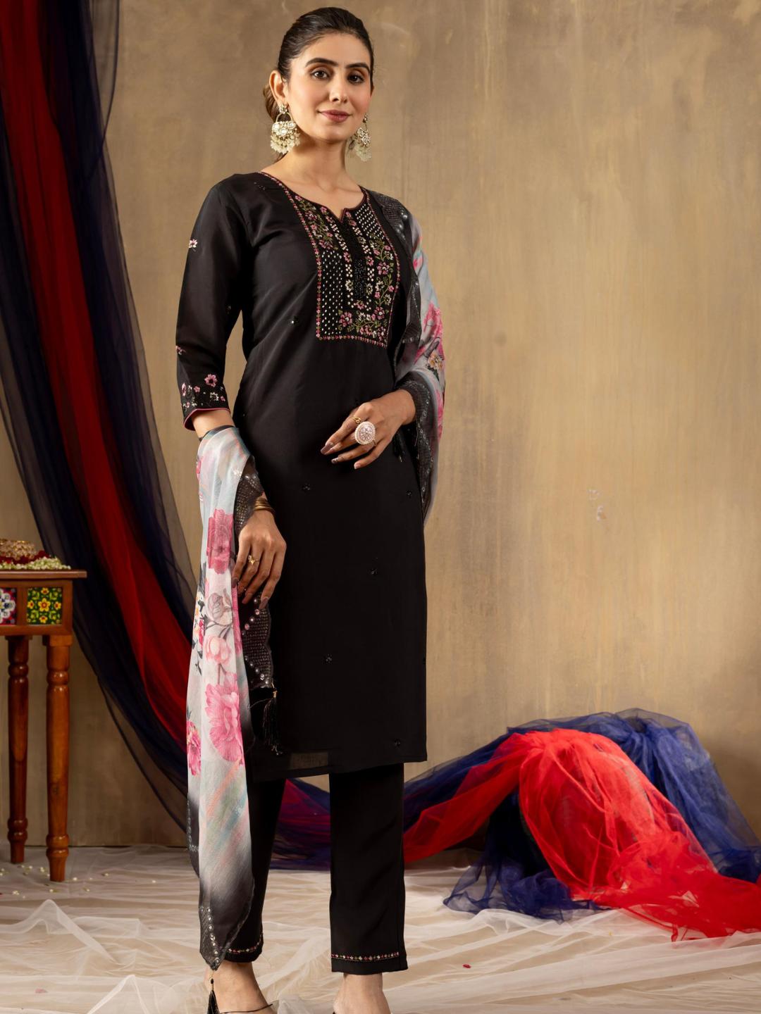 partially silk embroidered straight kurti pant dupatta set for women β flip the style