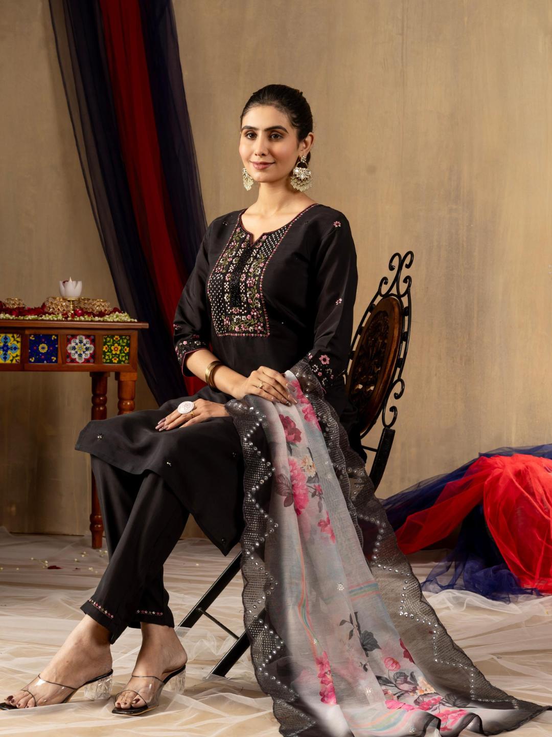 partially silk embroidered straight kurti pant dupatta set for women β flip the style