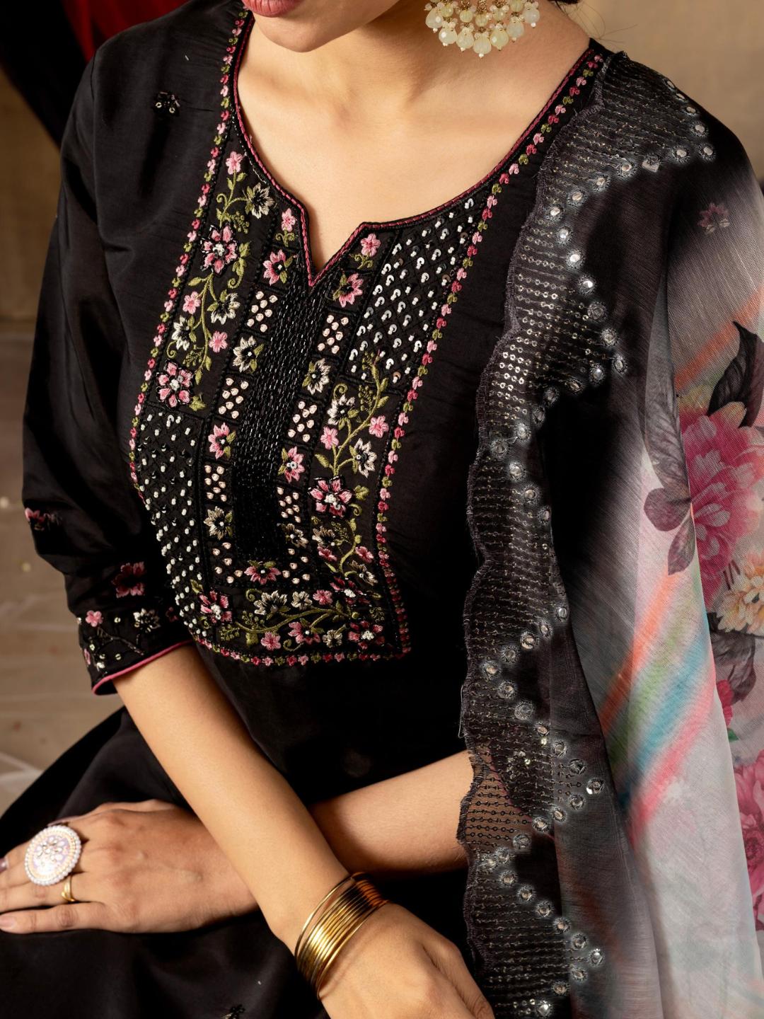 partially silk embroidered straight kurti pant dupatta set for women β flip the style