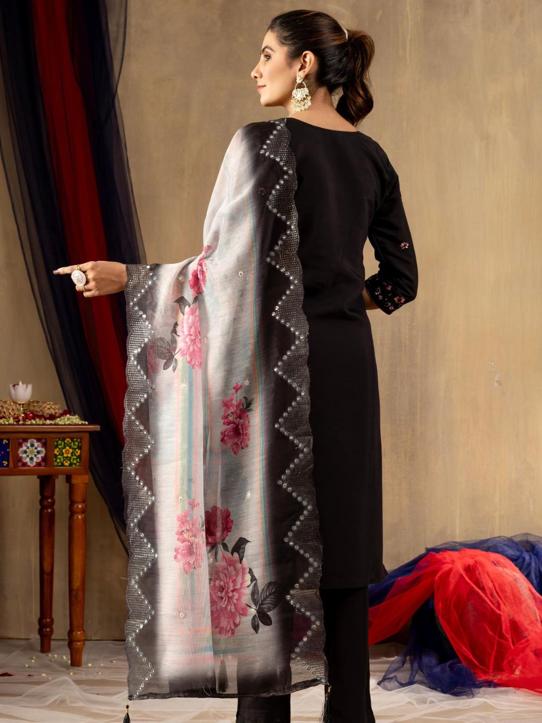 partially silk embroidered straight kurti pant dupatta set for women β flip the style