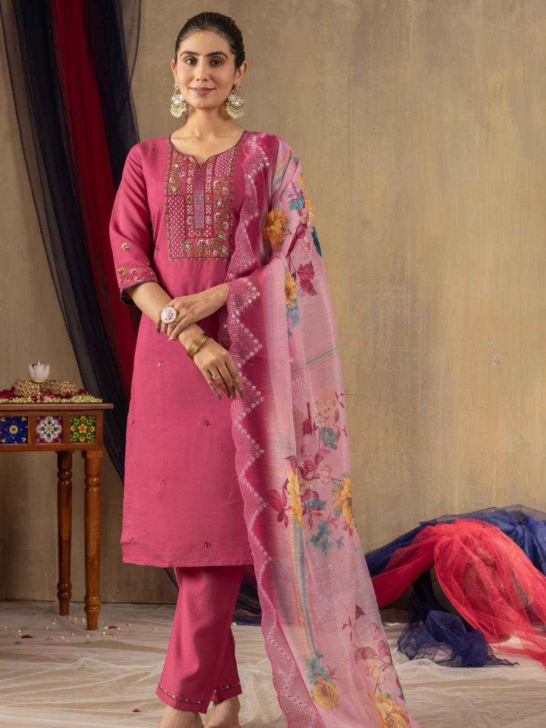 partially silk embroidered straight kurti pant dupatta set for women β flip the style