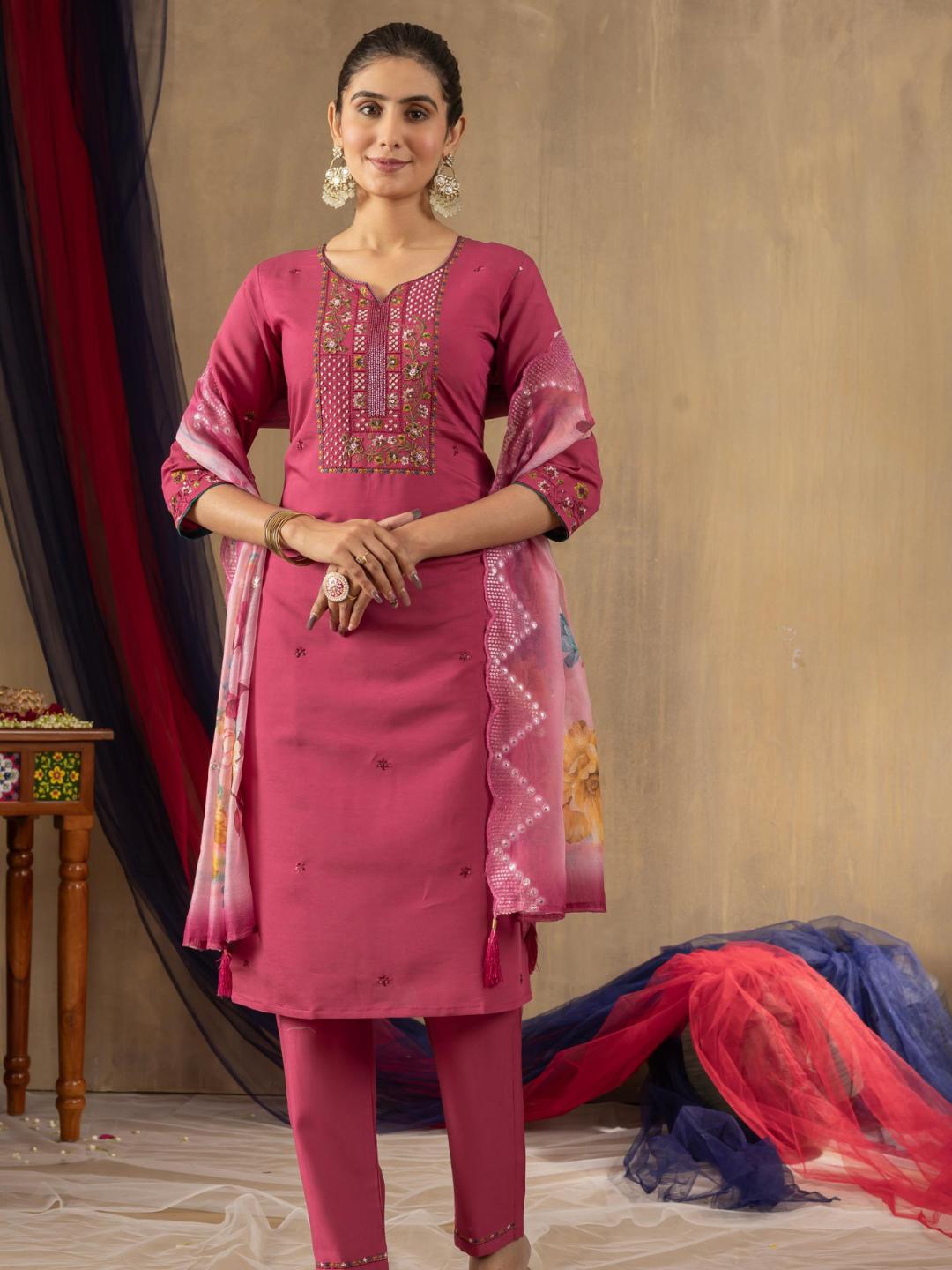 partially silk embroidered straight kurti pant dupatta set for women β flip the style