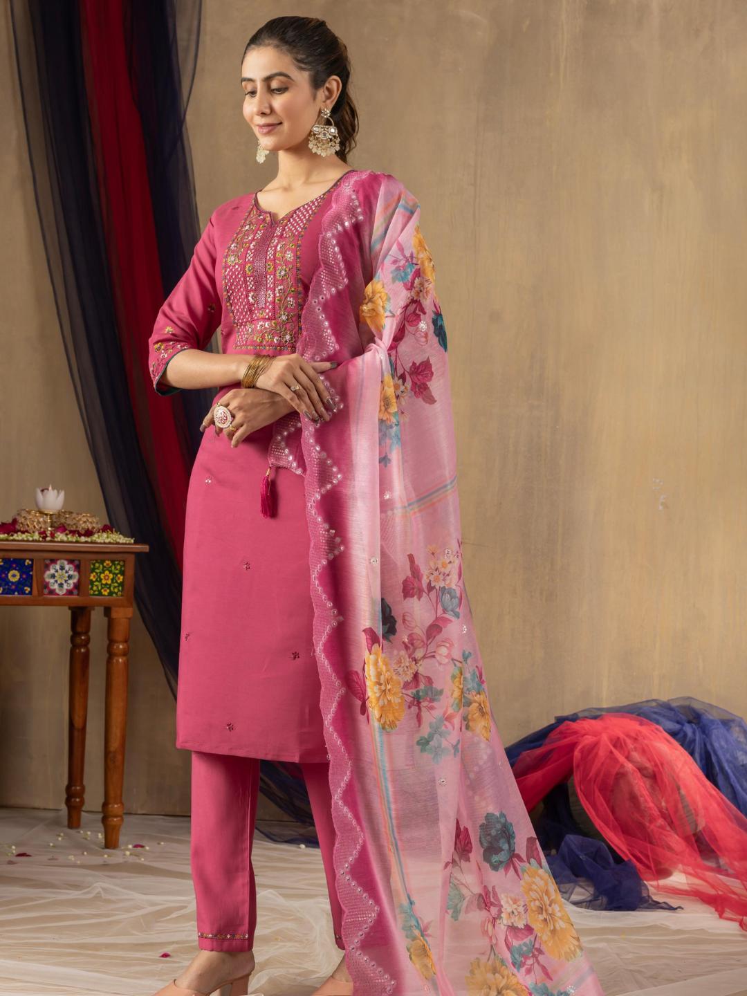 partially silk embroidered straight kurti pant dupatta set for women β flip the style