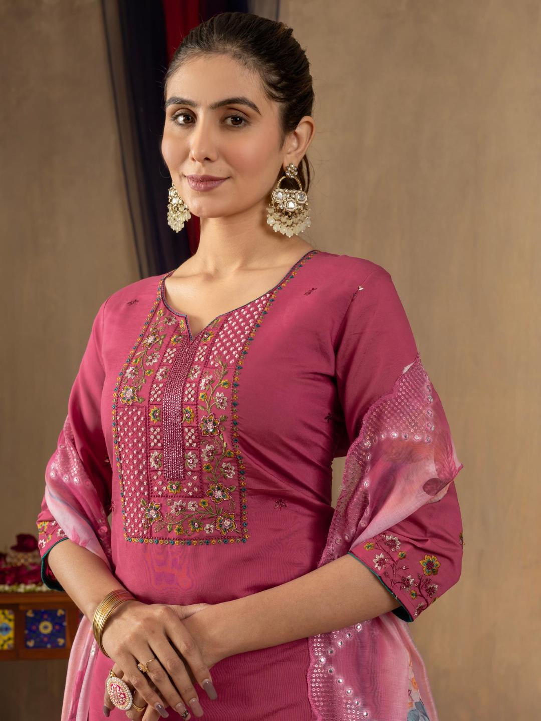 partially silk embroidered straight kurti pant dupatta set for women β flip the style
