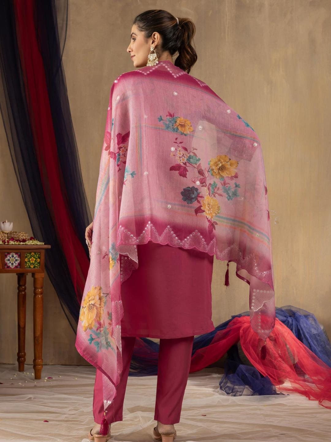 partially silk embroidered straight kurti pant dupatta set for women β flip the style