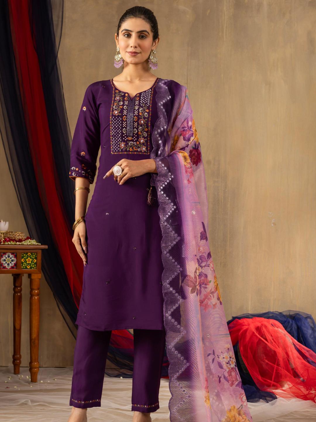 partially silk embroidered straight kurti pant dupatta set for women β flip the style