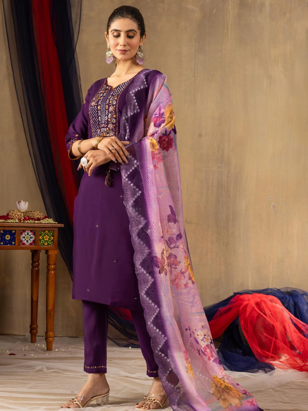partially silk embroidered straight kurti pant dupatta set for women β flip the style