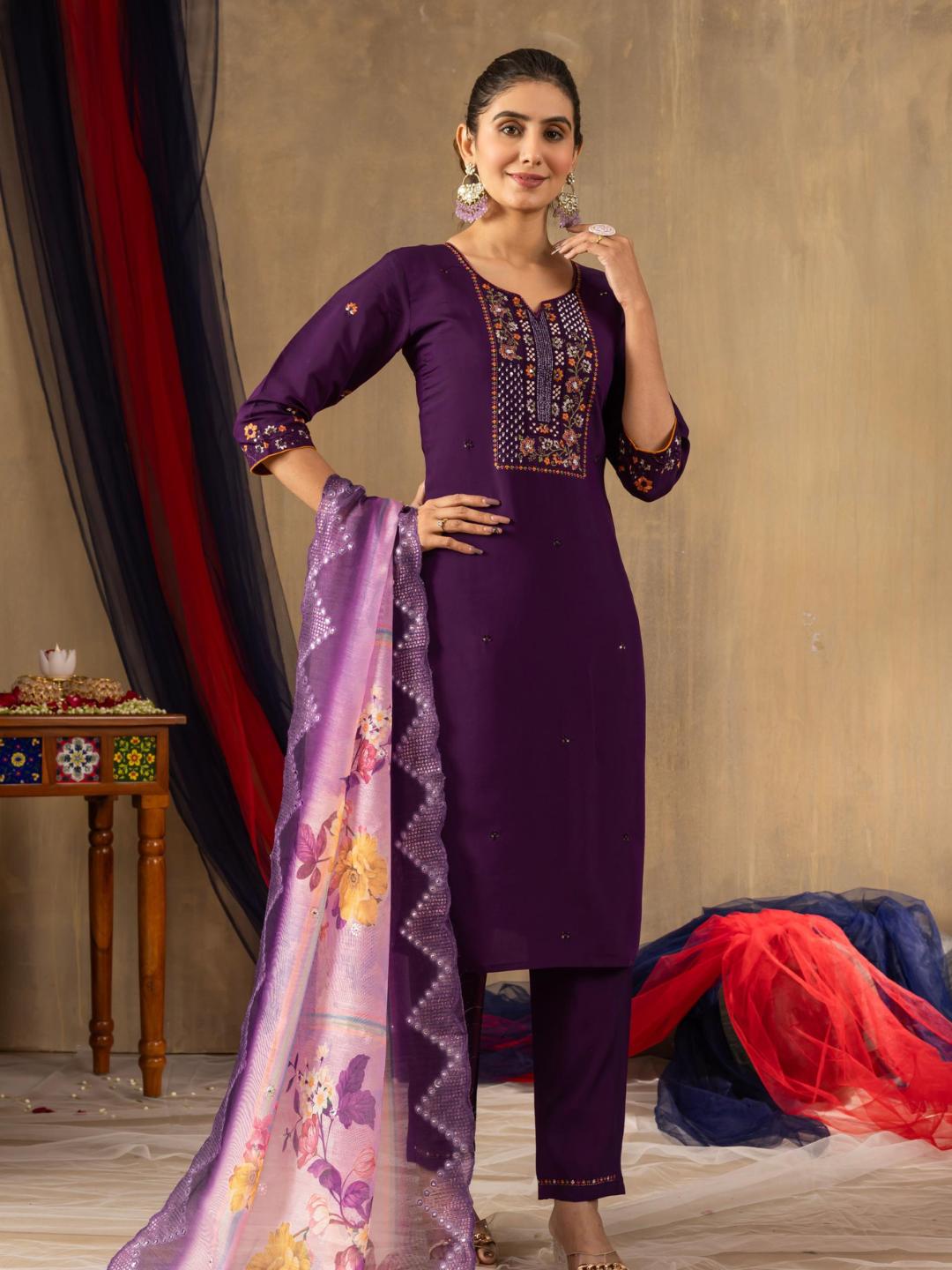 partially silk embroidered straight kurti pant dupatta set for women β flip the style