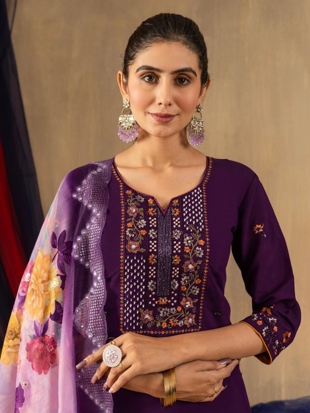 partially silk embroidered straight kurti pant dupatta set for women β flip the style