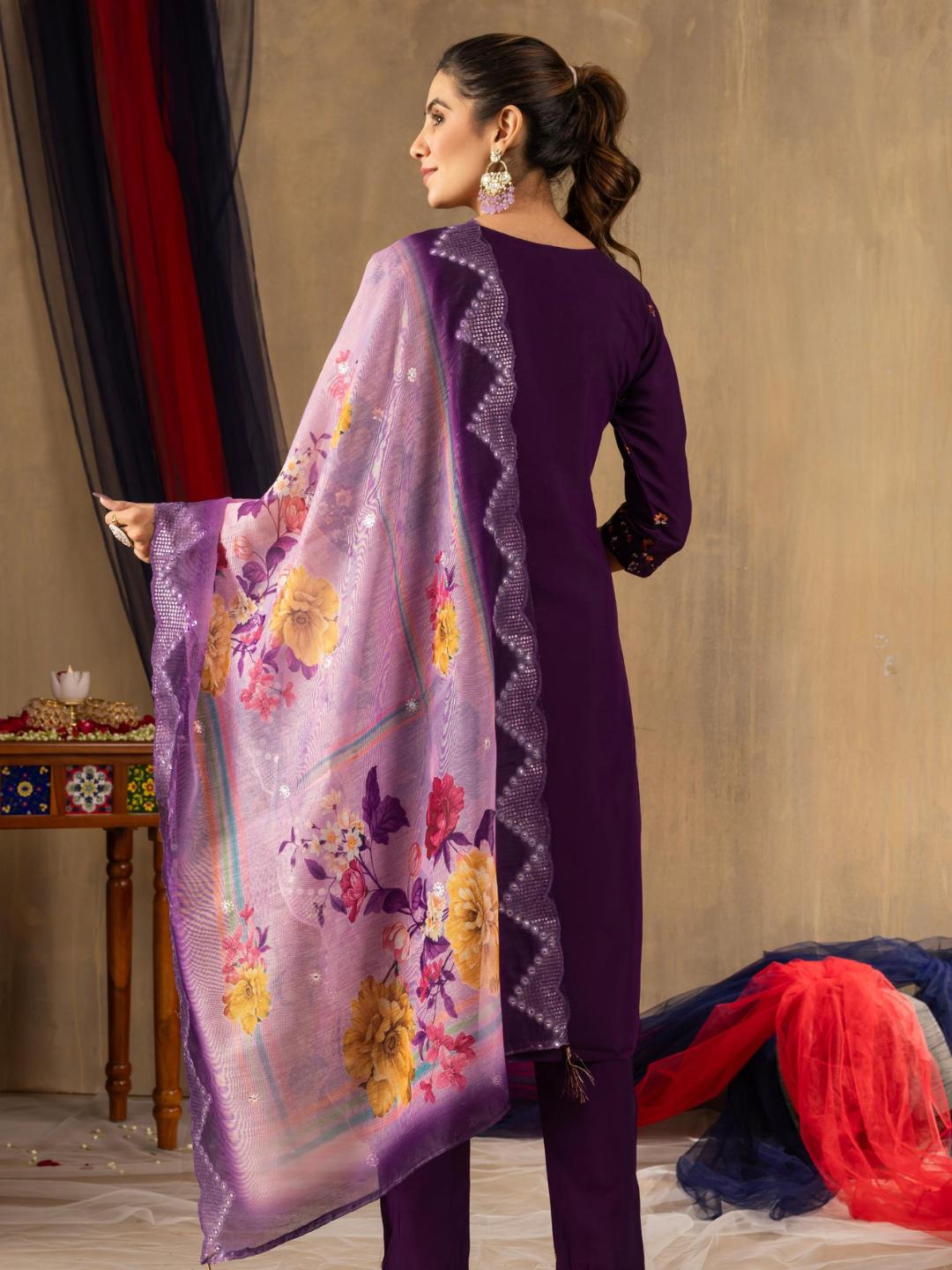 partially silk embroidered straight kurti pant dupatta set for women β flip the style