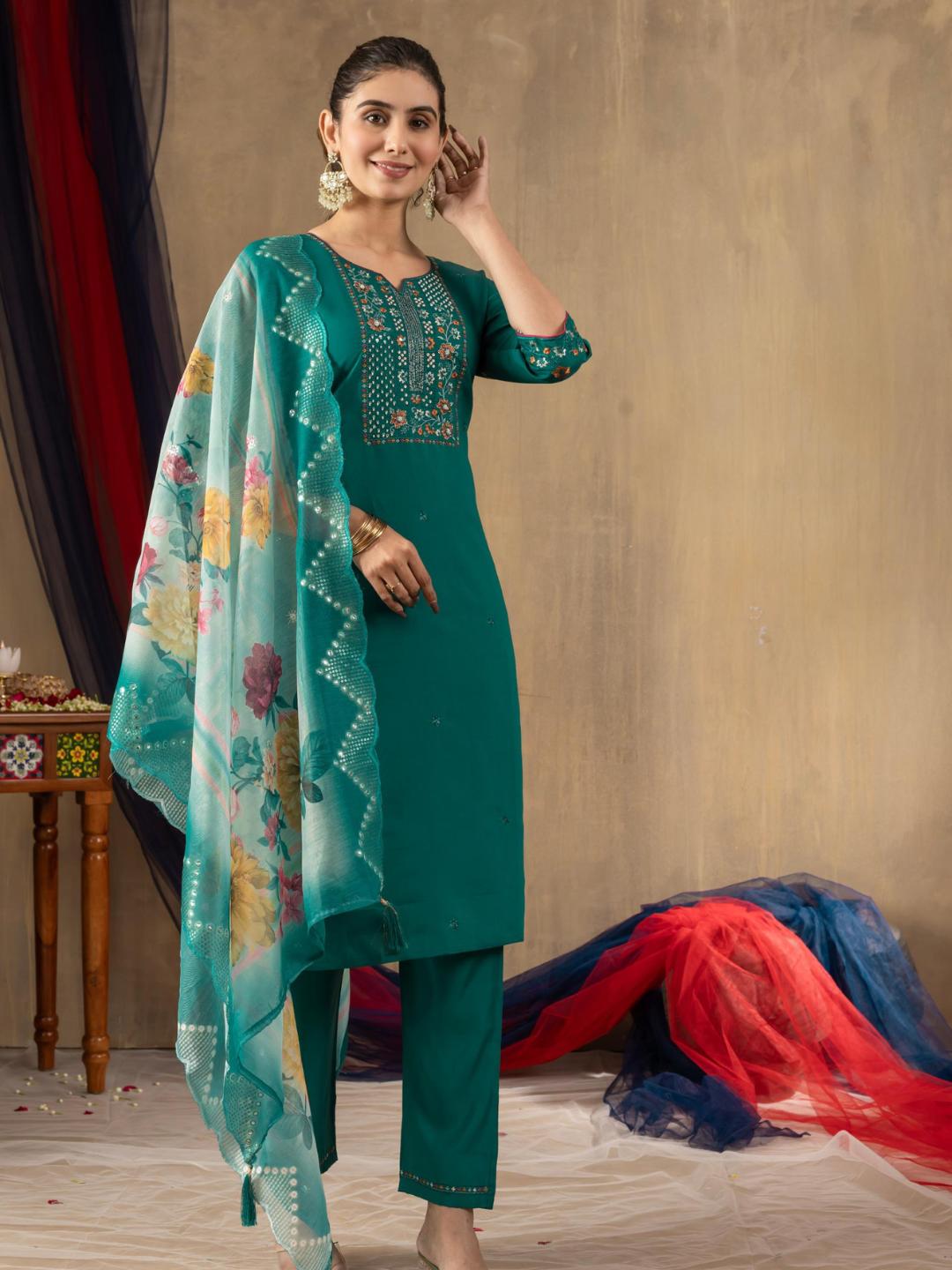 partially silk embroidered straight kurti pant dupatta set for women β flip the style