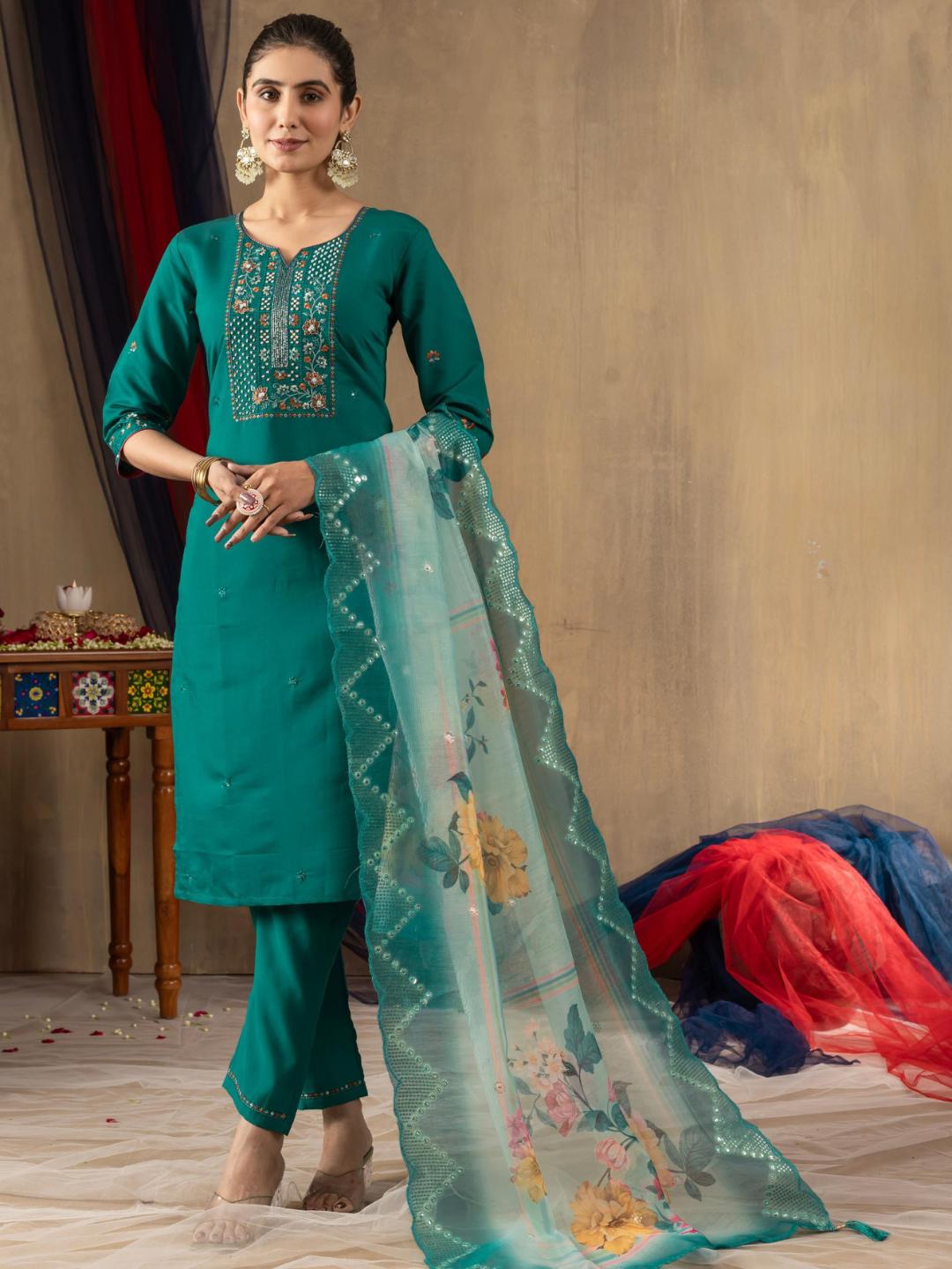 partially silk embroidered straight kurti pant dupatta set for women β flip the style