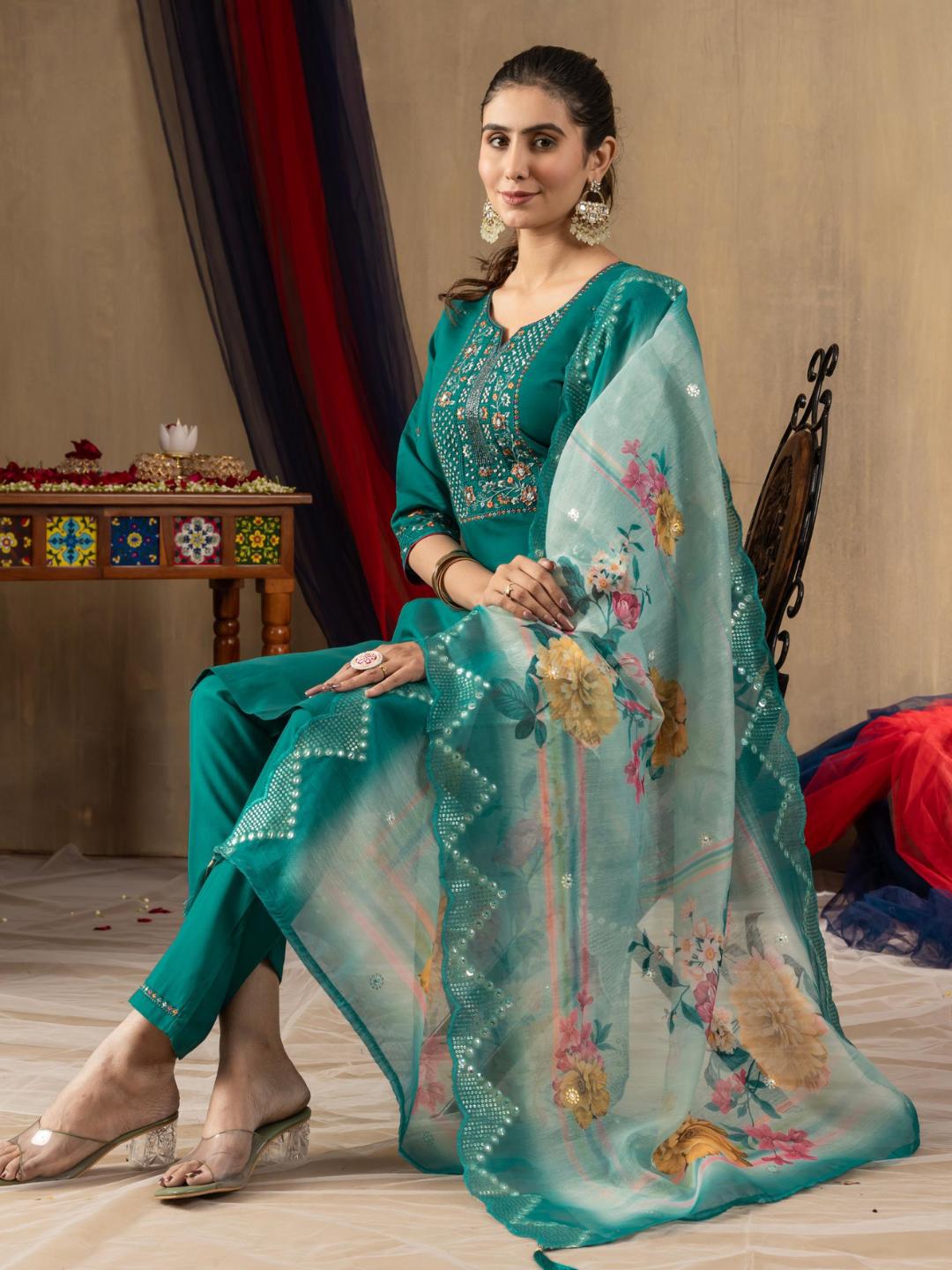 partially silk embroidered straight kurti pant dupatta set for women β flip the style
