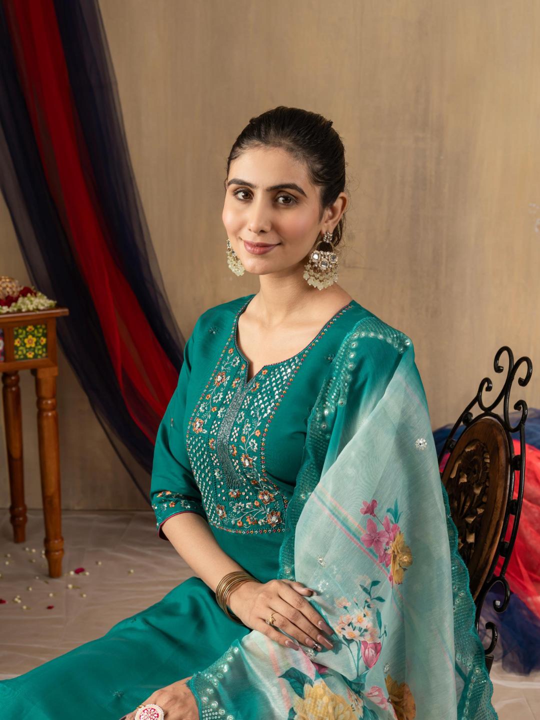 partially silk embroidered straight kurti pant dupatta set for women β flip the style