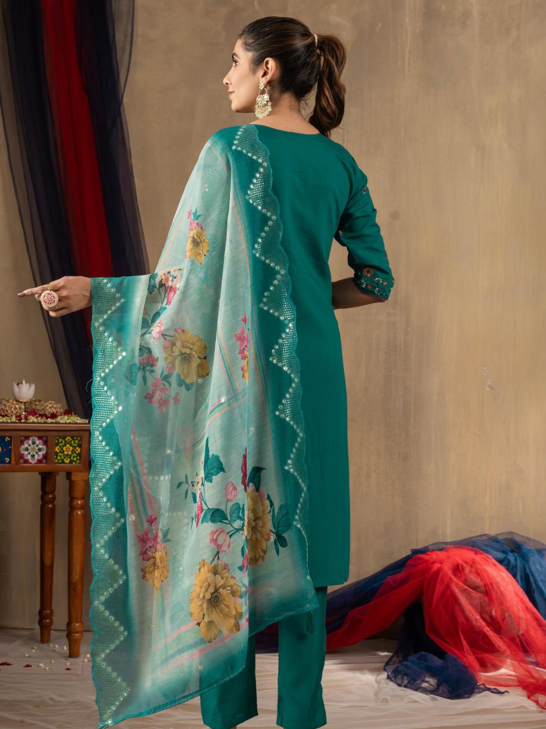 partially silk embroidered straight kurti pant dupatta set for women β flip the style