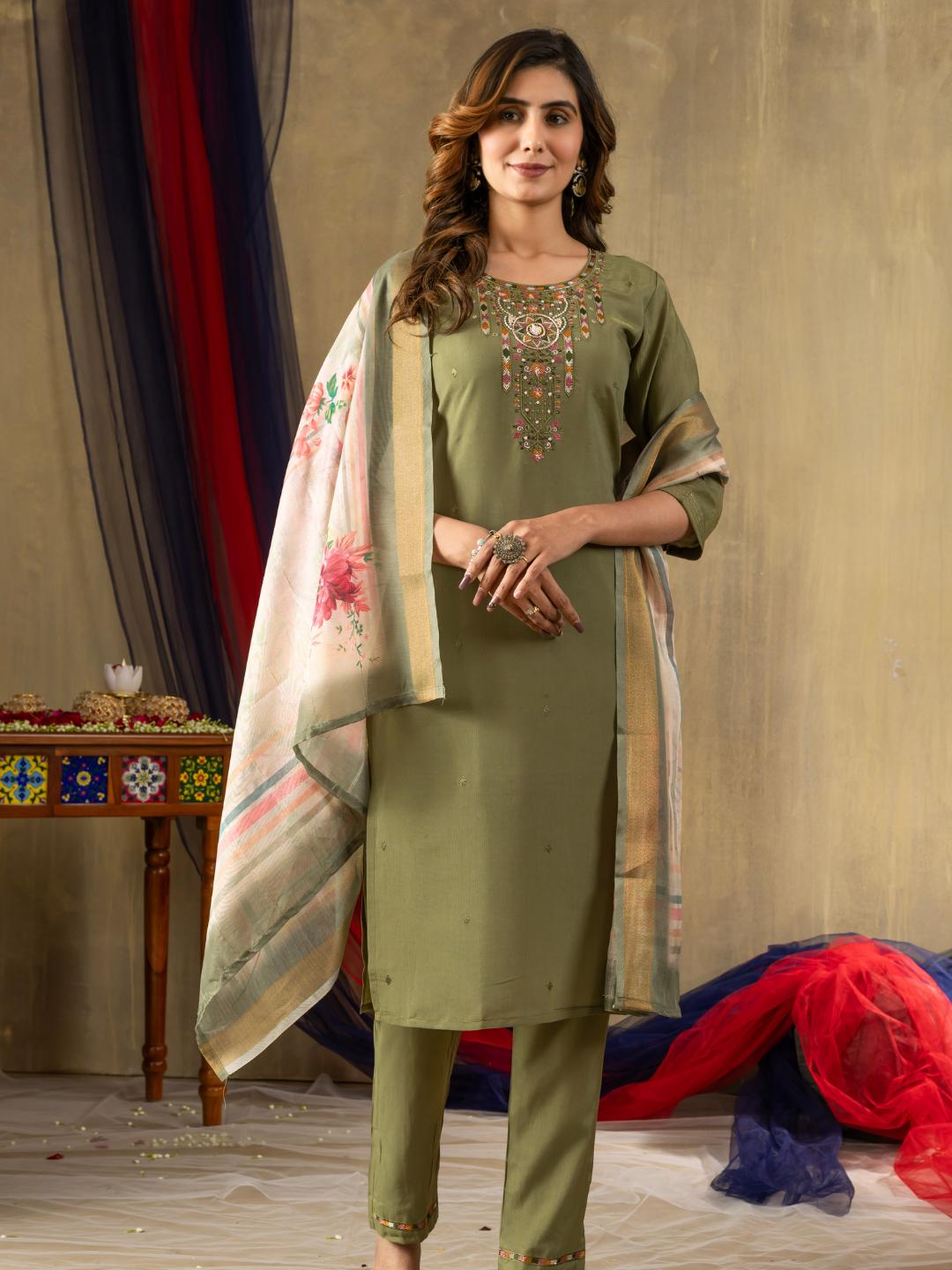 embroidered straight green kurti dupatta set for women