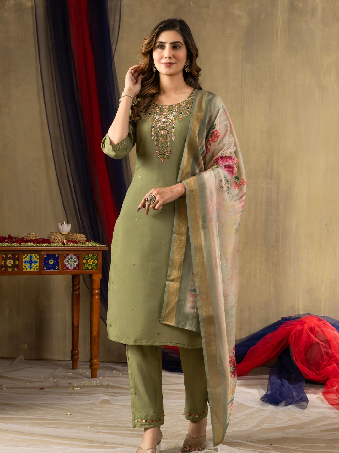 embroidered straight kurti dupatta set for women – ethnic wear by flip the style