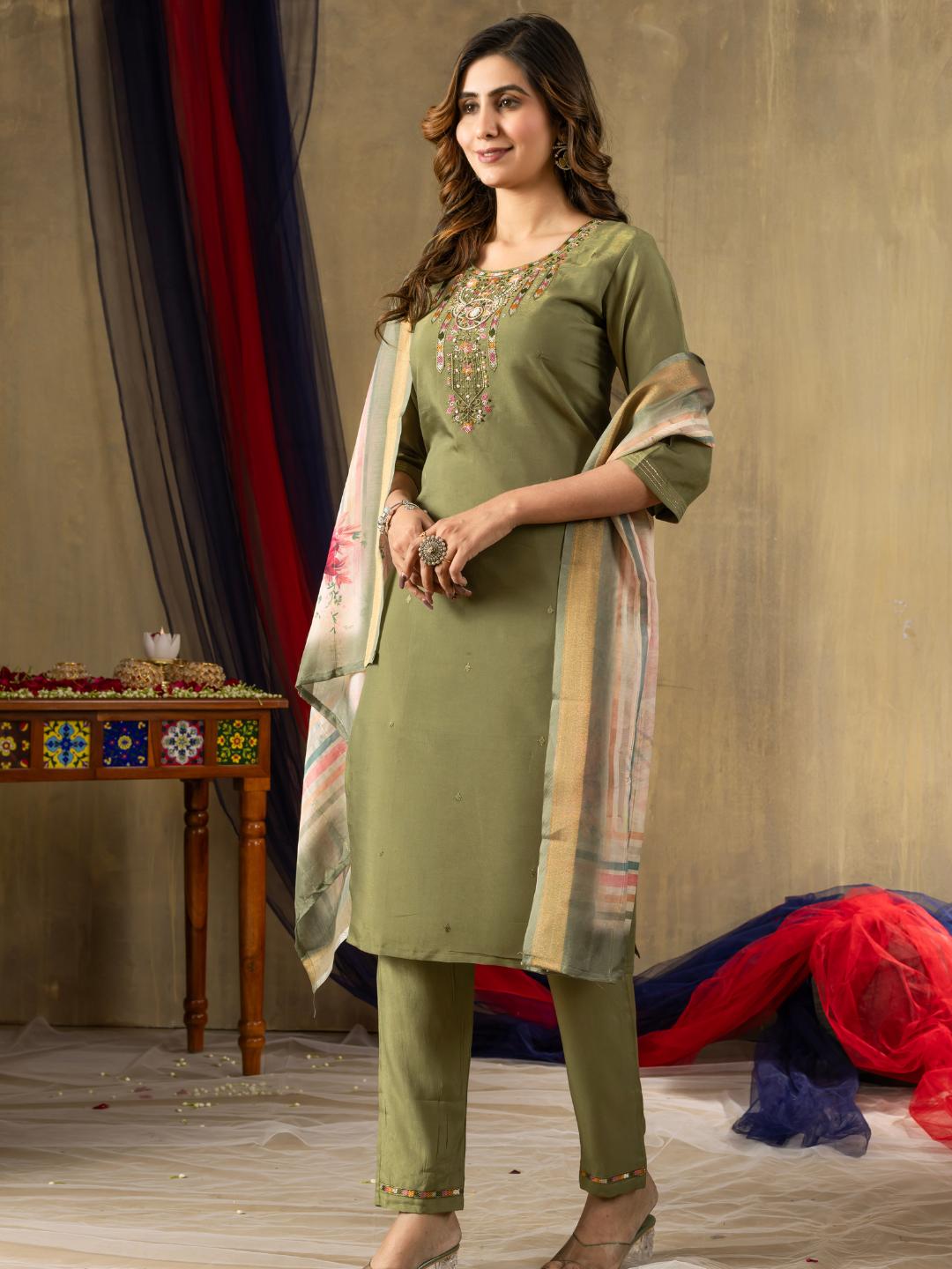 embroidered straight kurti dupatta set for women – ethnic wear by flip the style