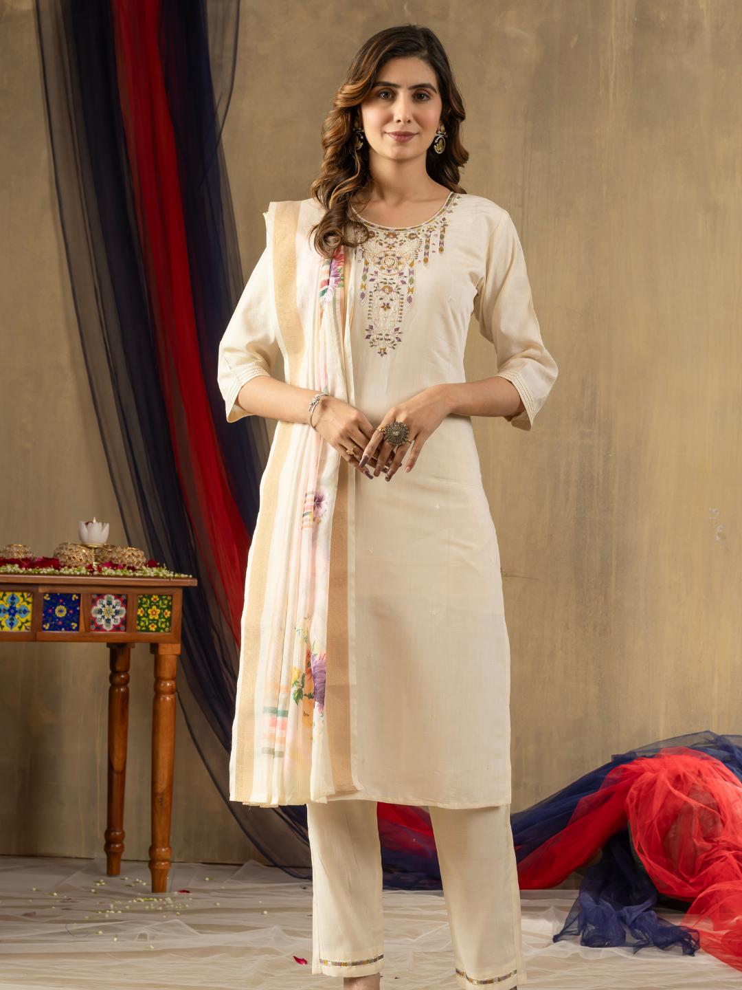 embroidered straight white kurti dupatta set for women