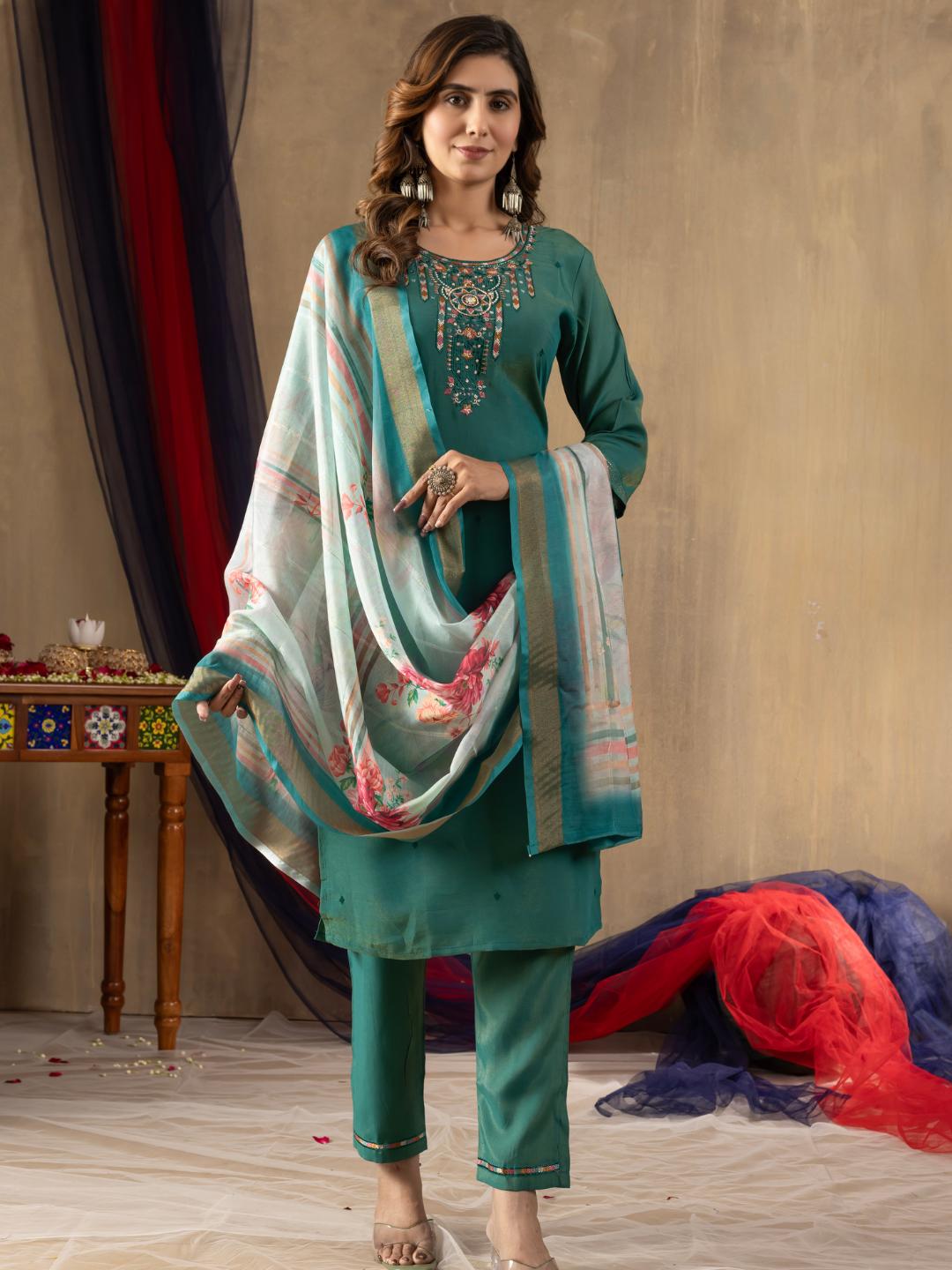 embroidered straight kurti dupatta set for women – ethnic wear by flip the style