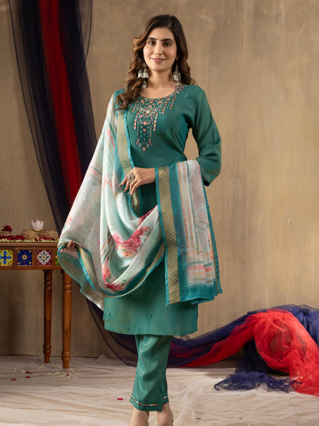 embroidered straight kurti dupatta set for women – ethnic wear by flip the style