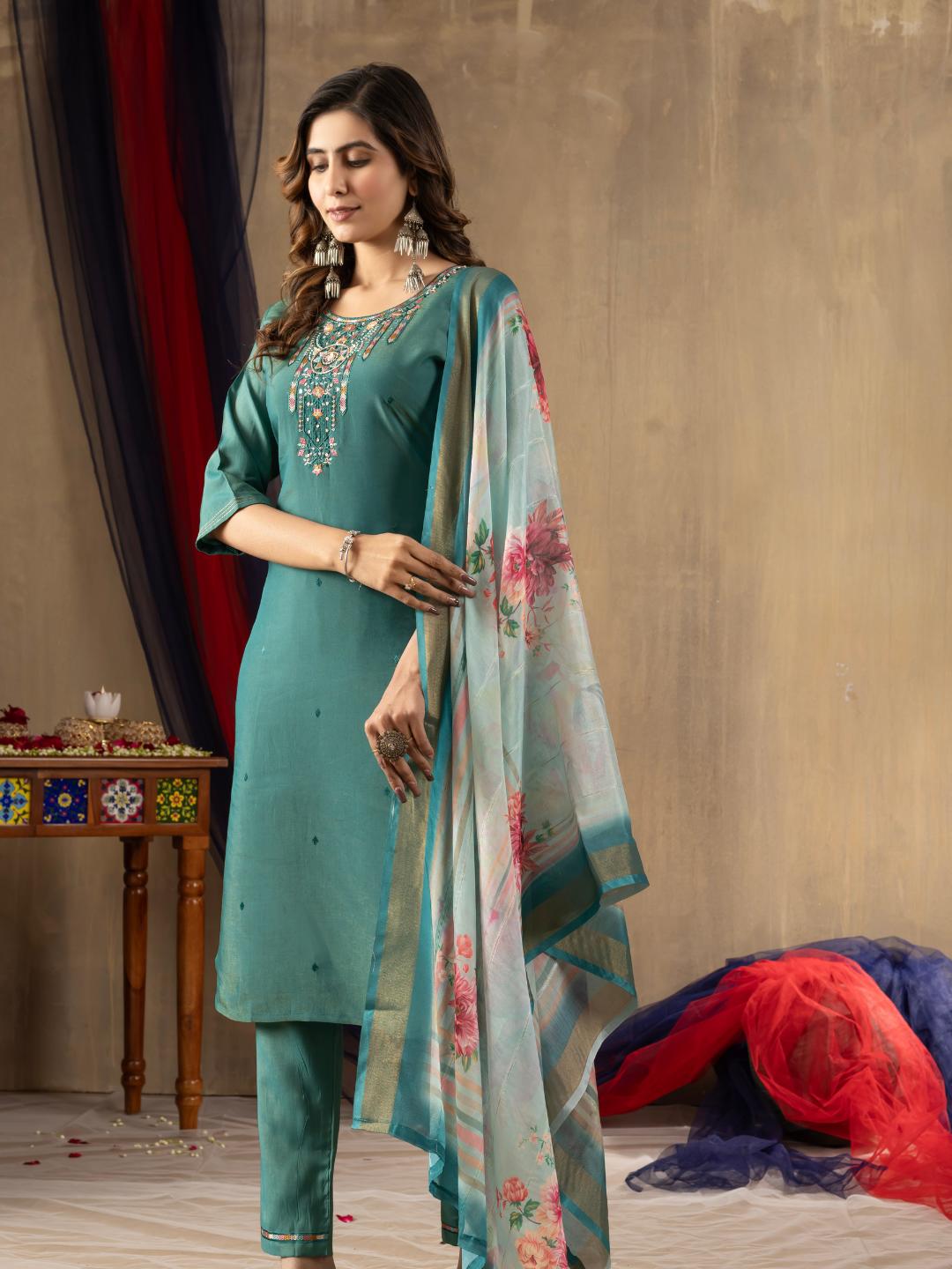 embroidered straight kurti dupatta set for women – ethnic wear by flip the style