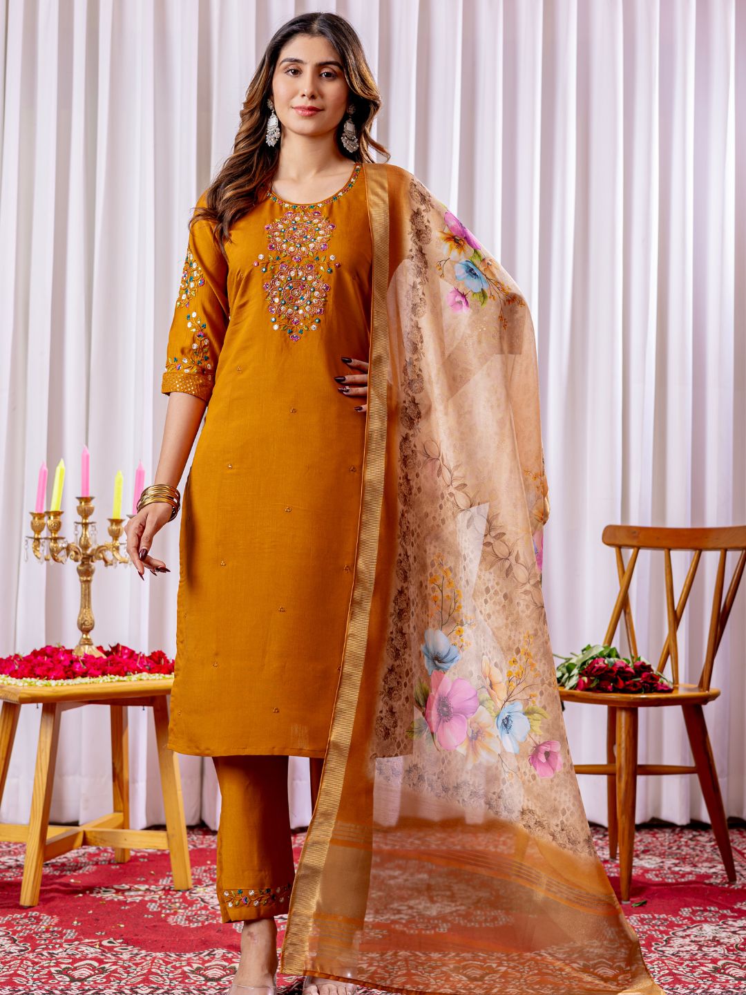 graceful viscose silk kurti pant dupatta set