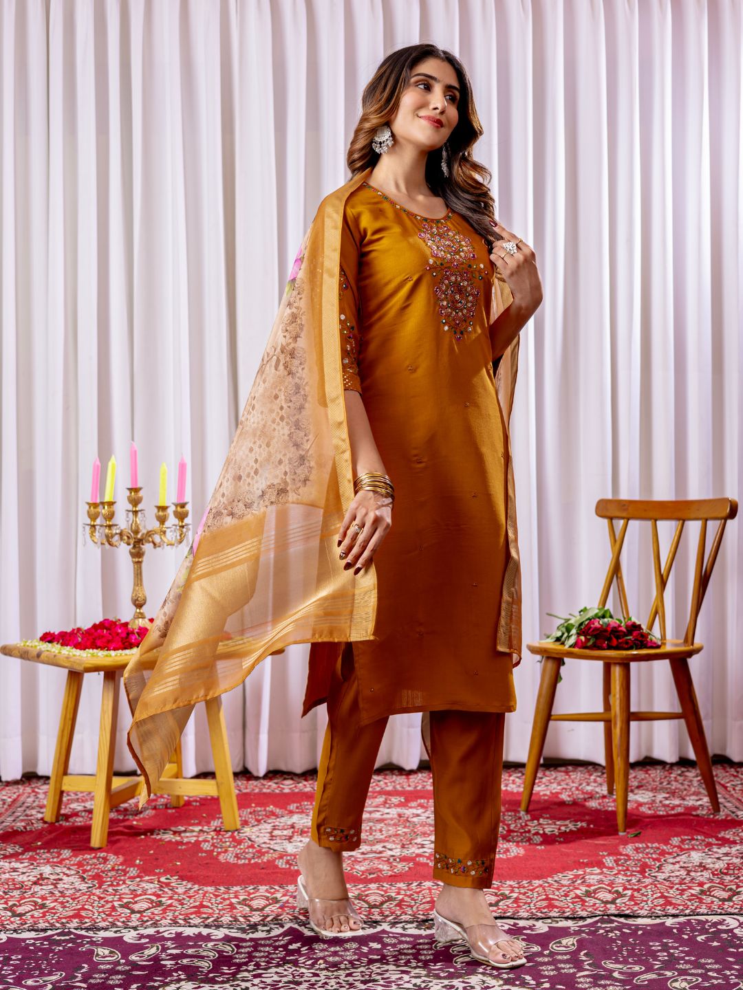 graceful viscose silk kurti pant dupatta set